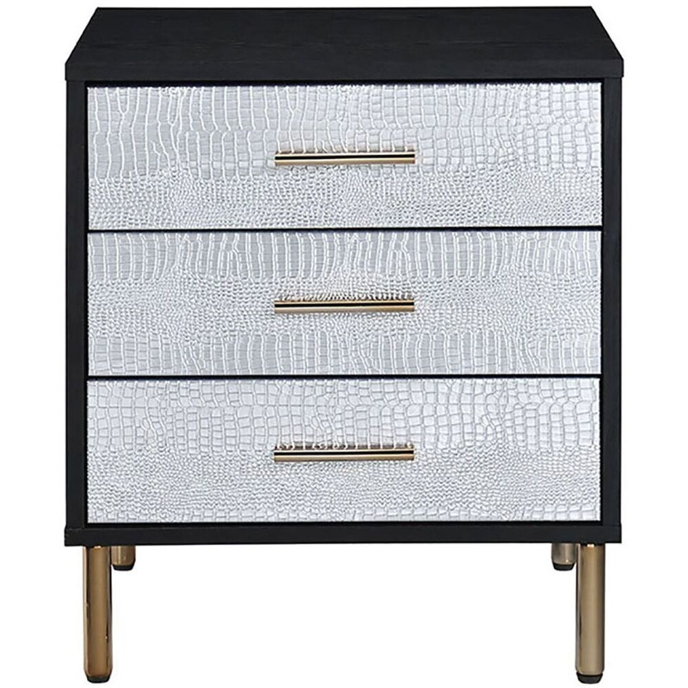 Black  Silver And Gold 3-Drawer Nightstand With Metal Leg