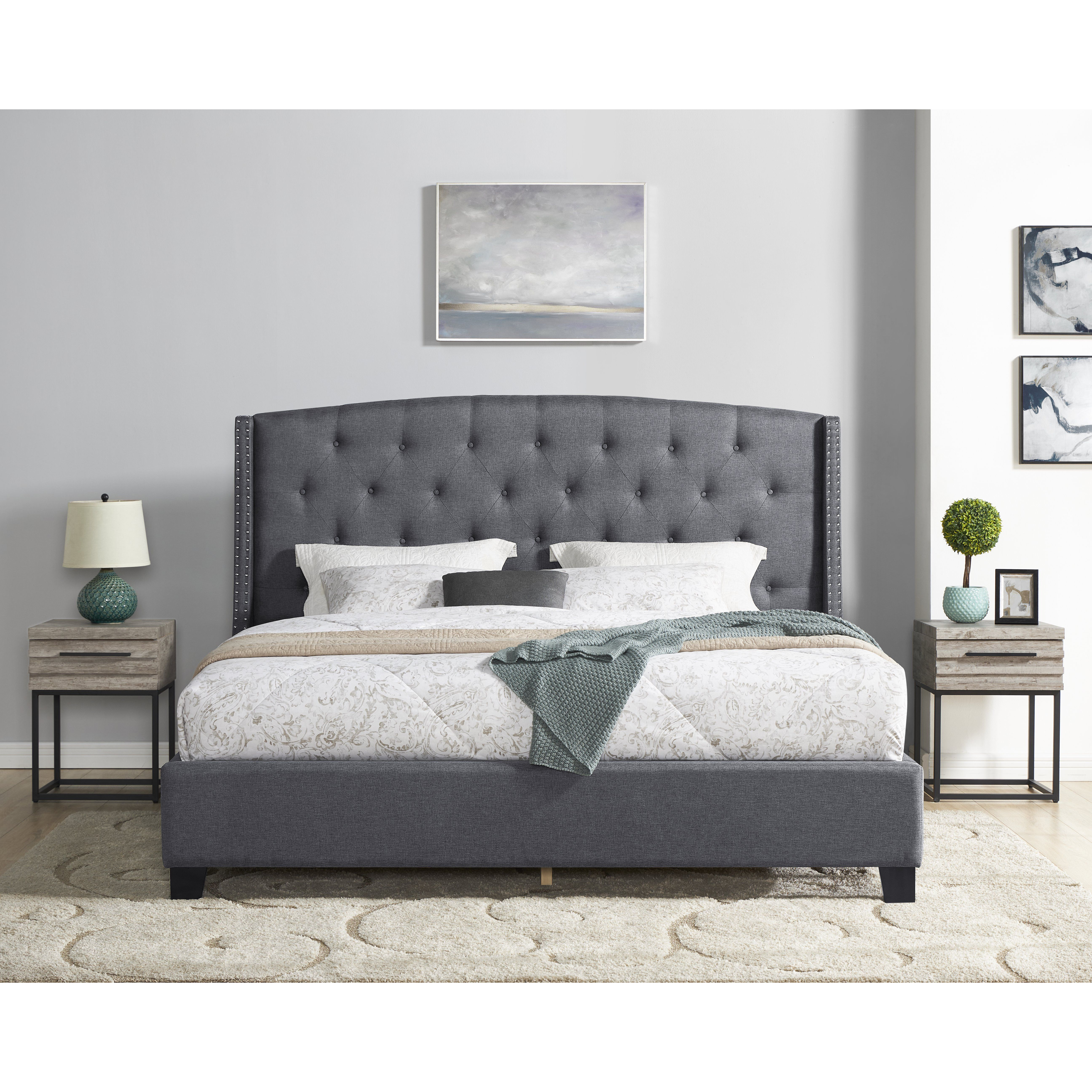 Belize 3-Piece Upholstered Bedroom Set  Tufted Wingback Bed With Two Gray Nightstands