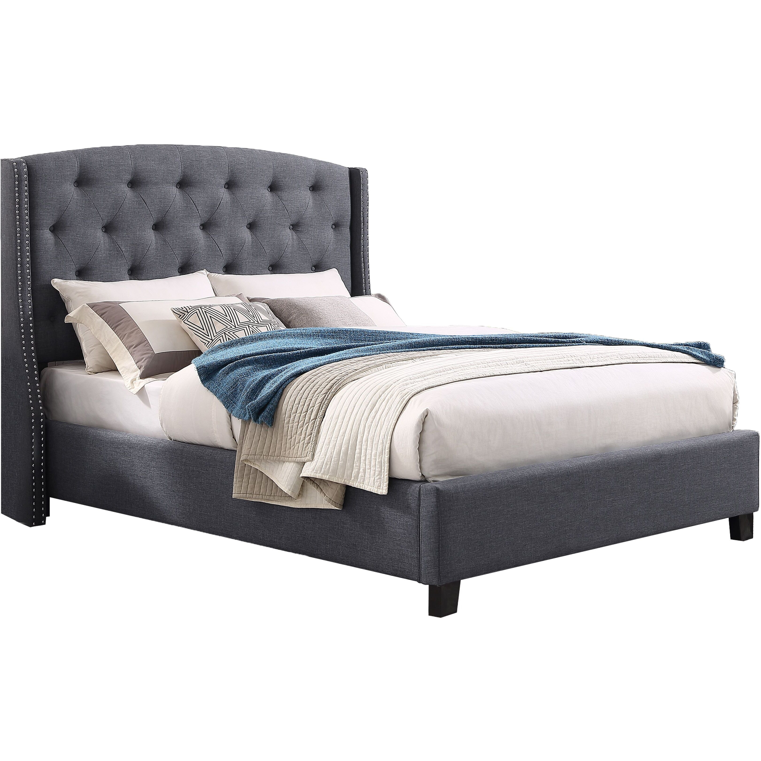 Belize 3-Piece Upholstered Bedroom Set  Tufted Wingback Bed With Two Gray Nightstands