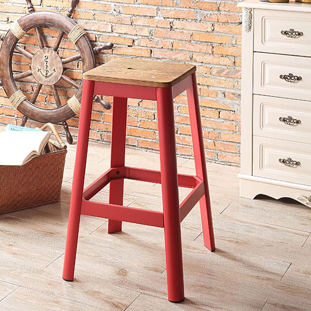 Natural And Red Armless Bar Stool With Crossbar Support