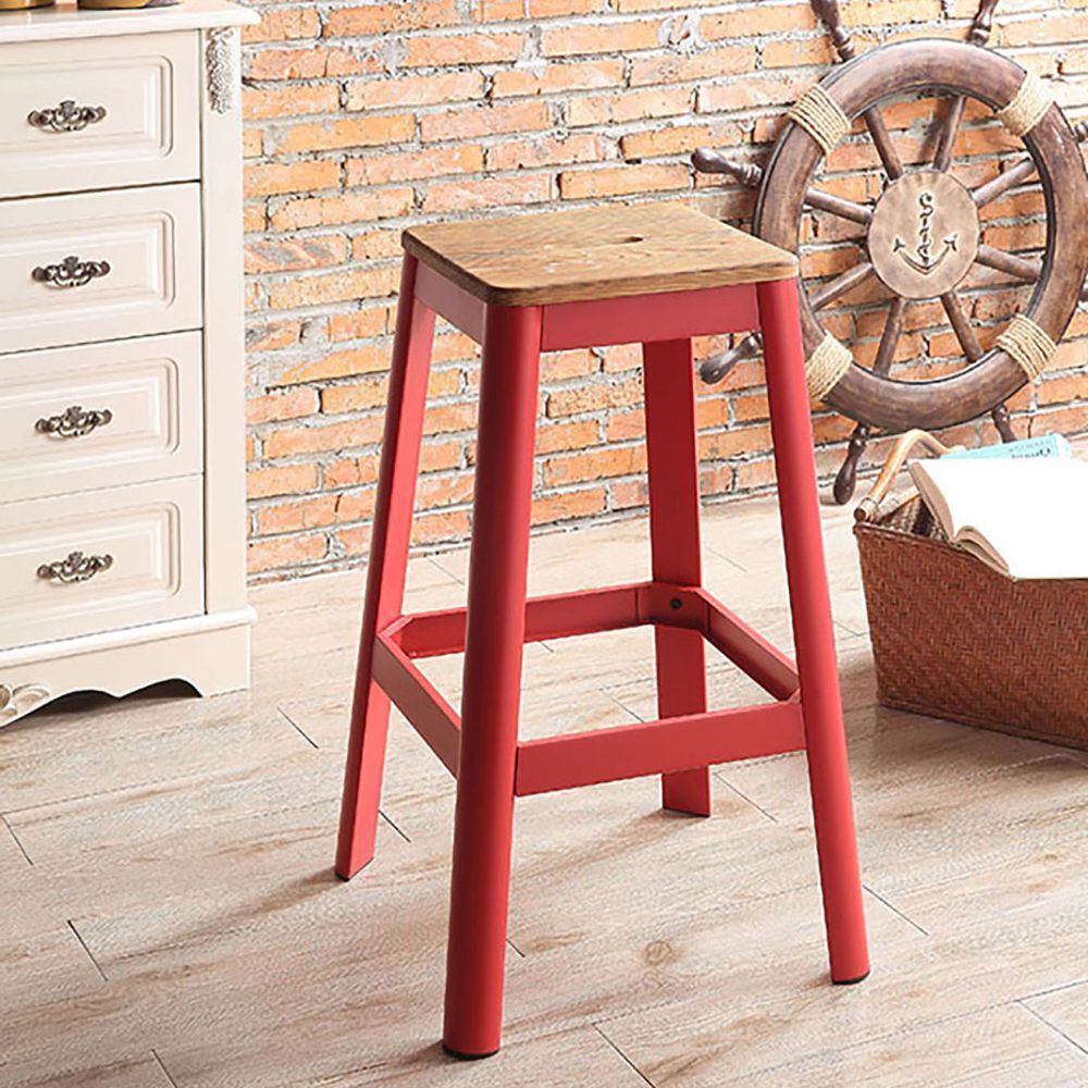 Natural And Red Armless Bar Stool With Crossbar Support