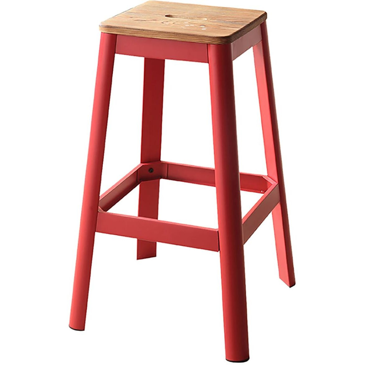 Natural And Red Armless Bar Stool With Crossbar Support