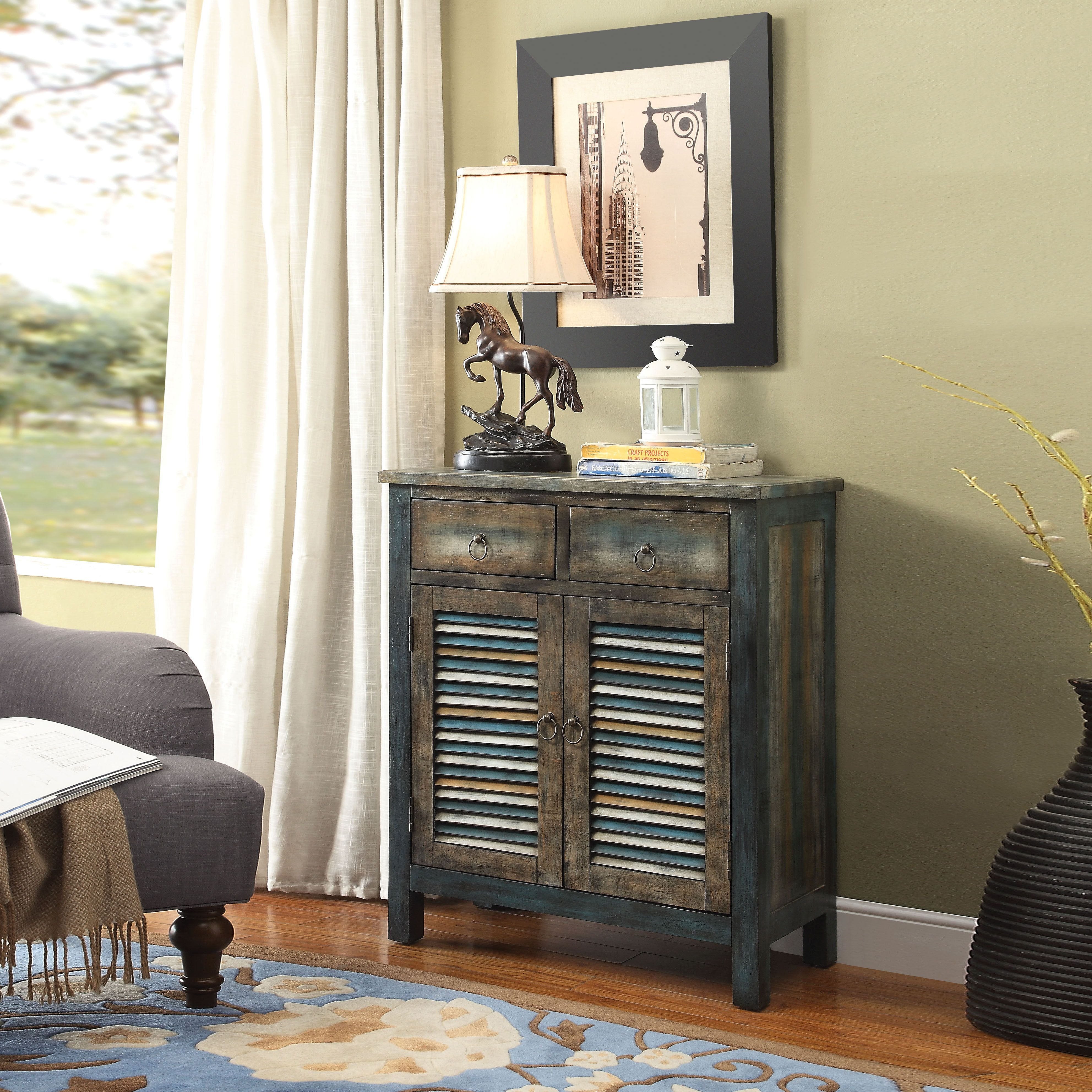 Antique Oak And Teal 2-Door Console Table