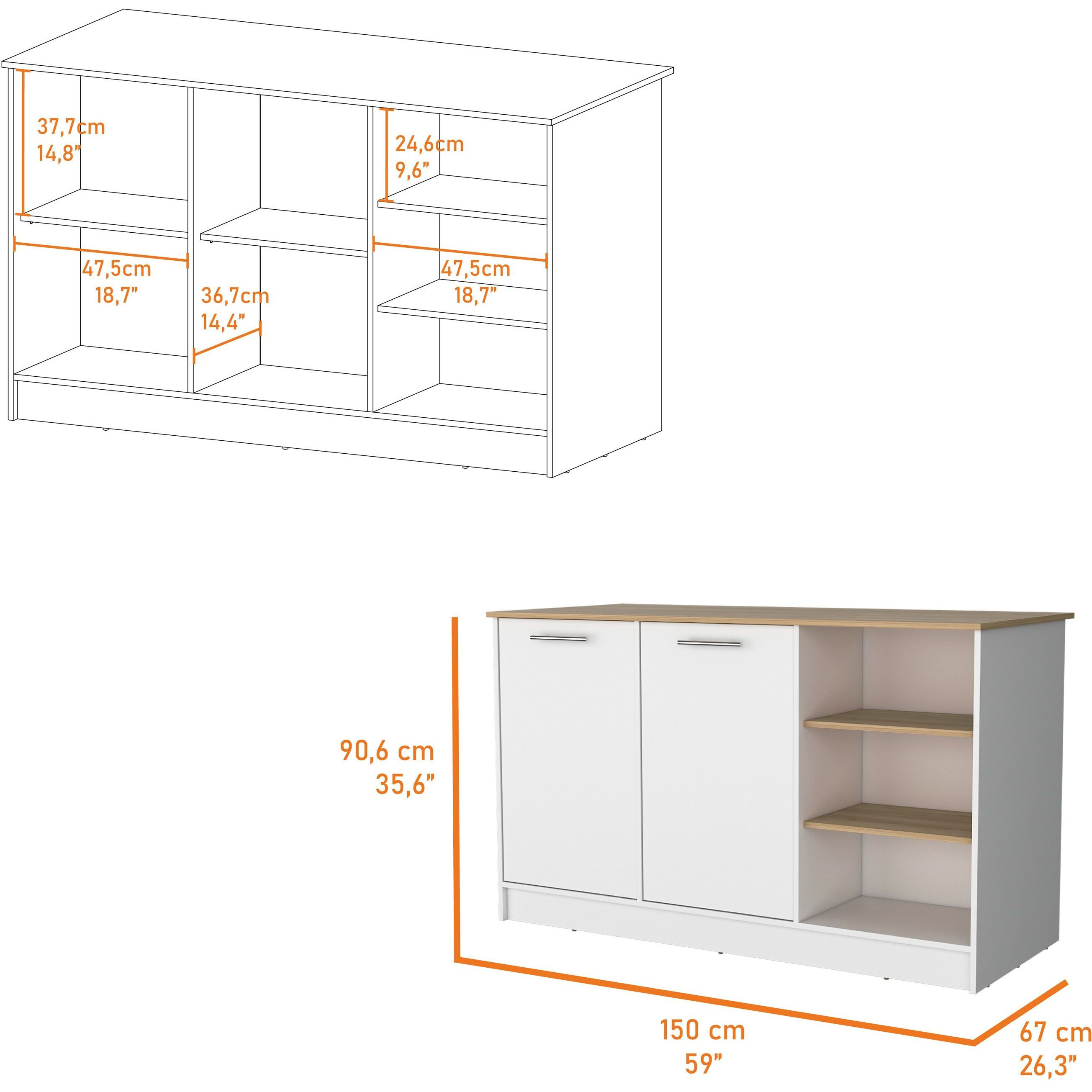 Gladiolus Kitchen Island In Melamine  Two Doors  Three Open Shelves