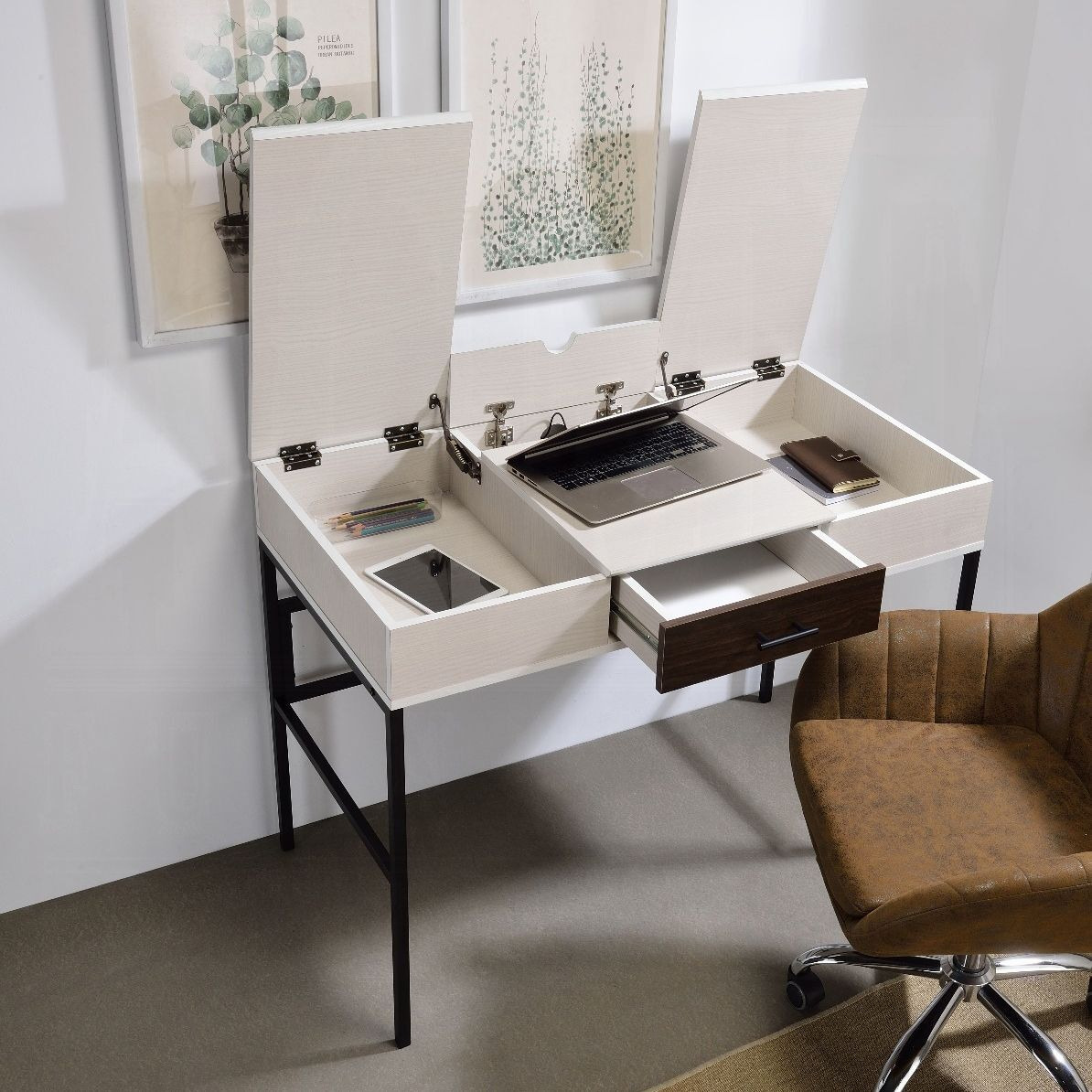 Natural And Black Writing Desk With Usb Port