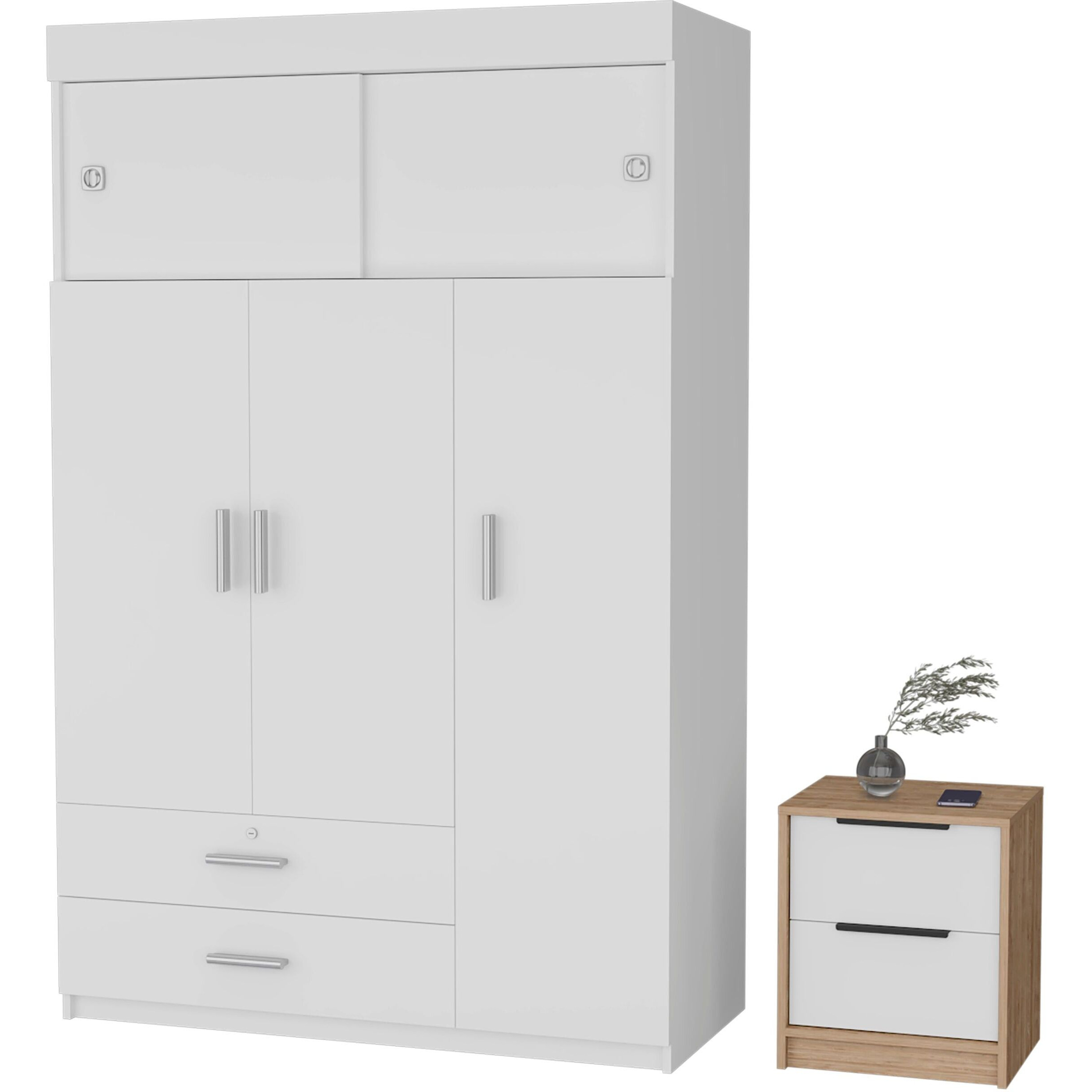 Elirya 2-Piece Bedroom Set  Armoire + Nightstand  White And Light Oak