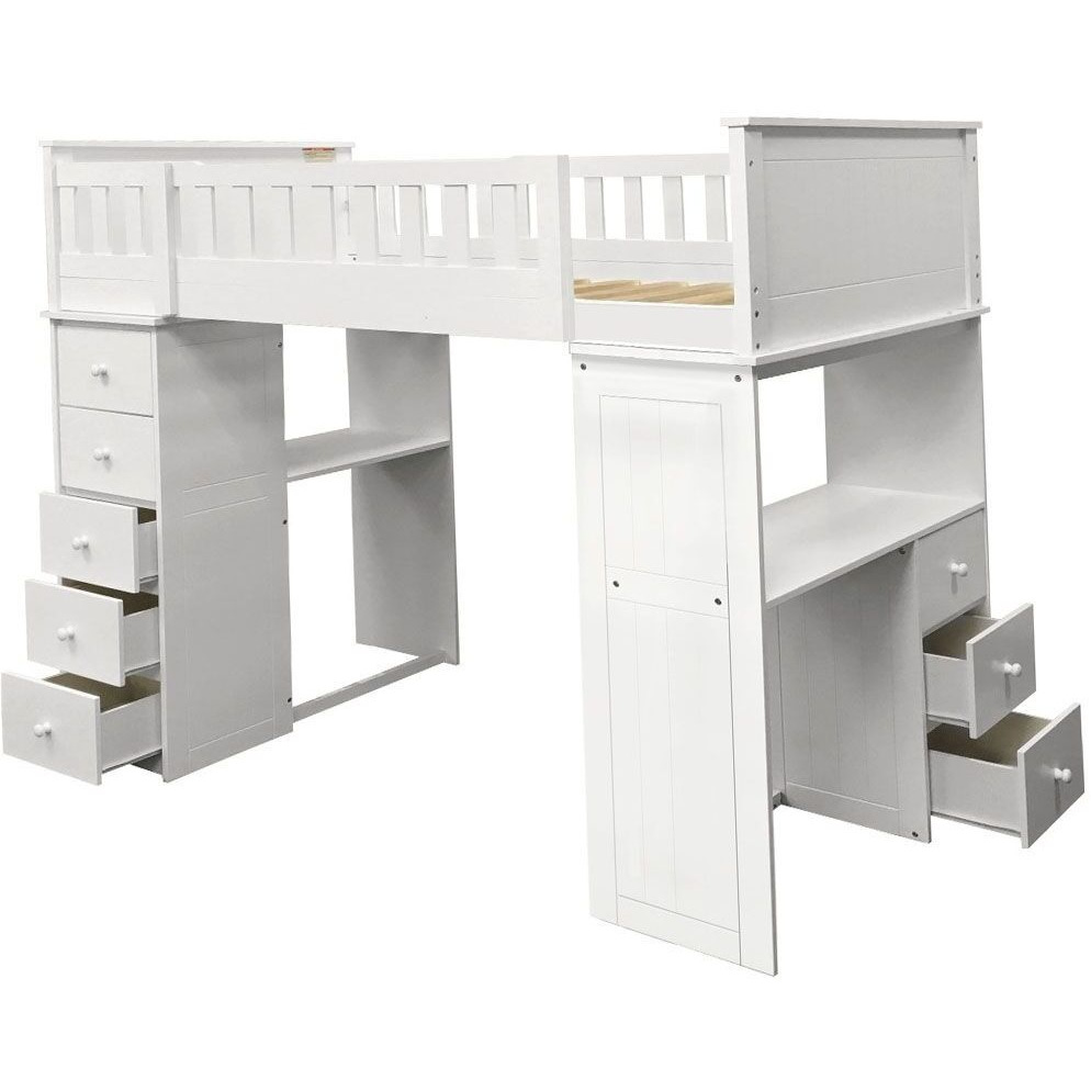 White Twin Loft Bed With Desk And Chest