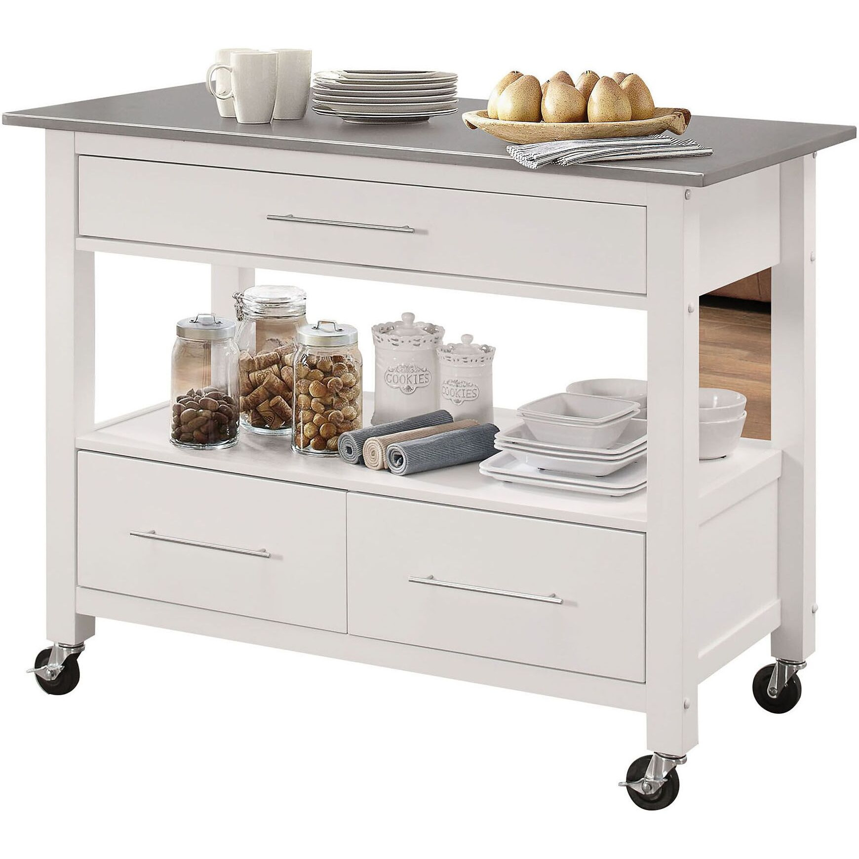 Stainless Steel And White 1-Shelf Kitchen Cart With Locking Casters