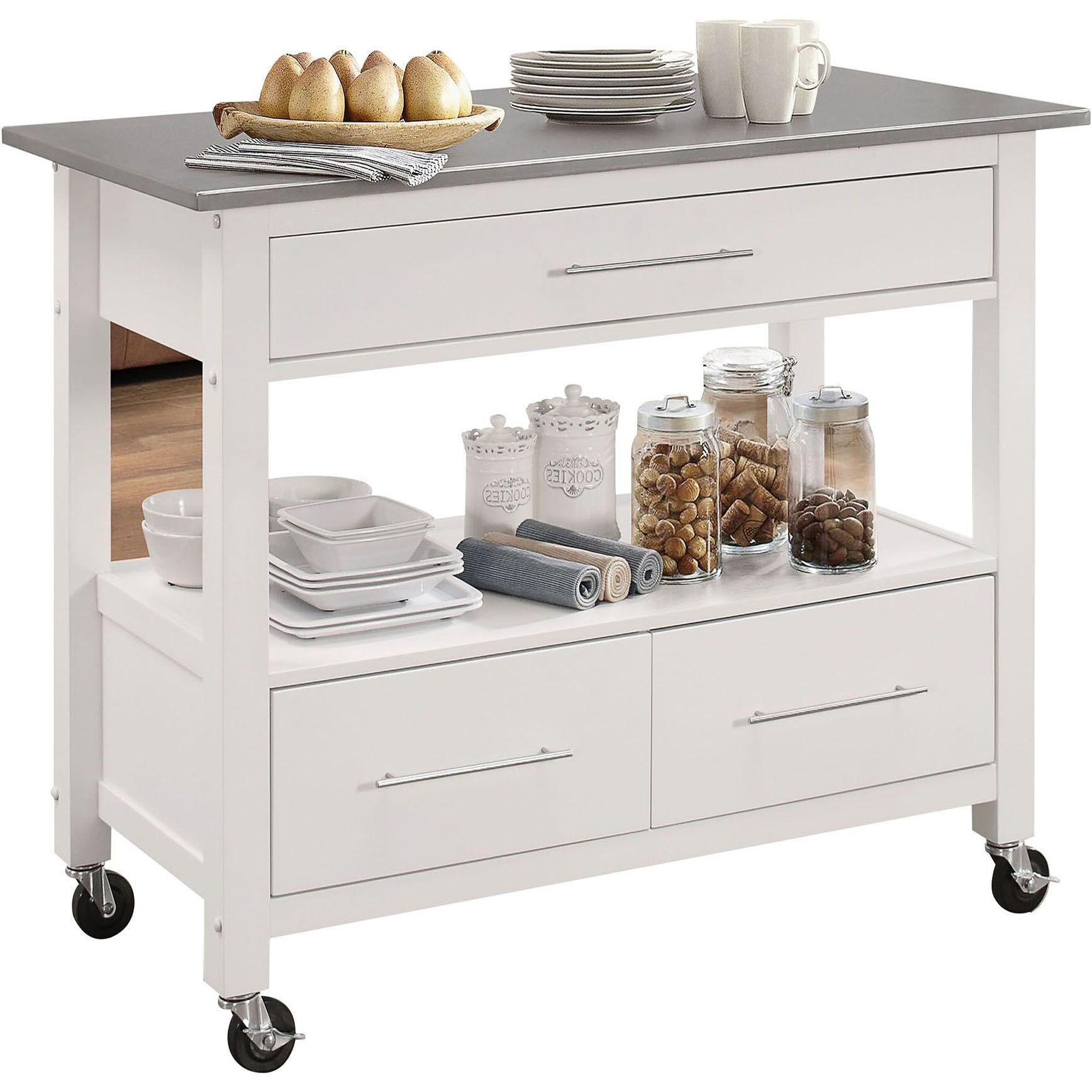 Stainless Steel And White 1-Shelf Kitchen Cart With Locking Casters