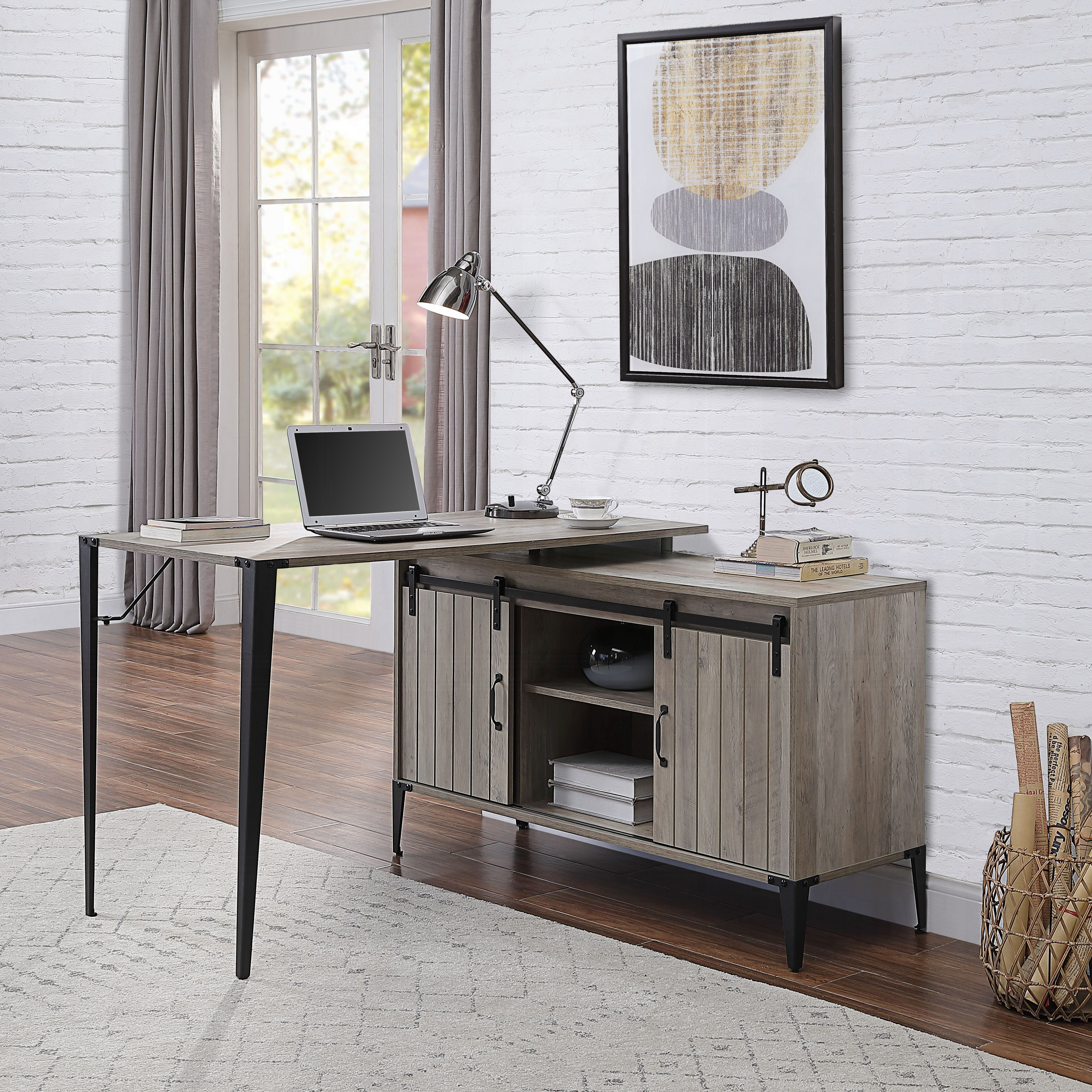 Grey Oak Writing Desk With Sliding Barn Door