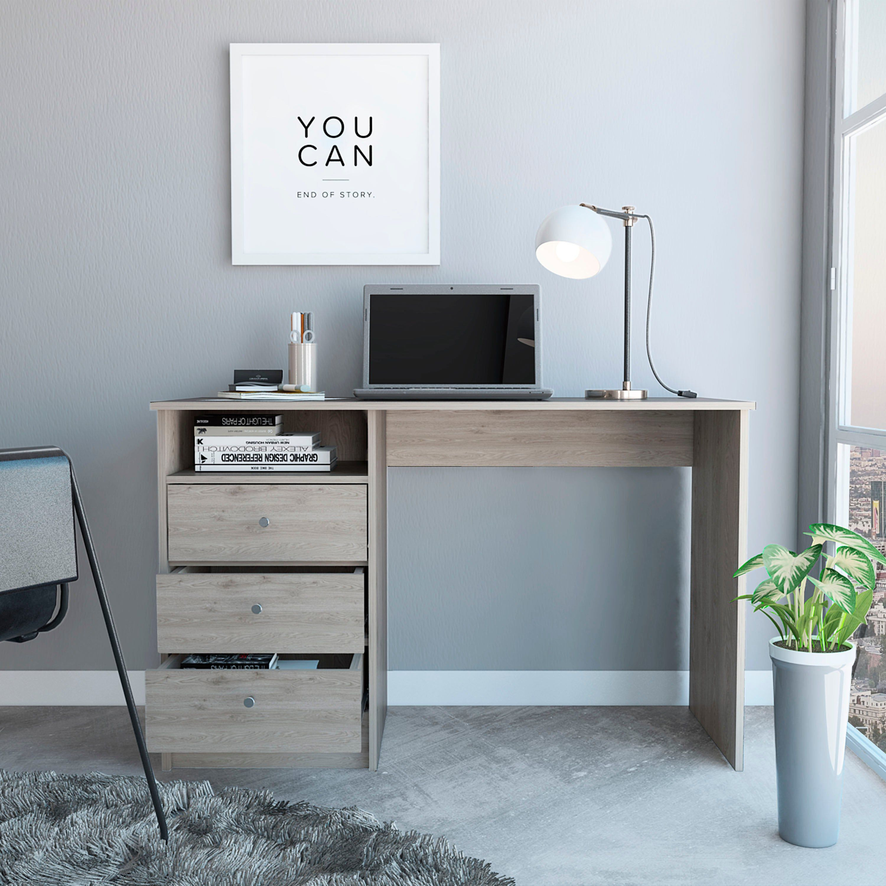 Providence 3-Drawer Writing Desk With Open Compartment Light Gray