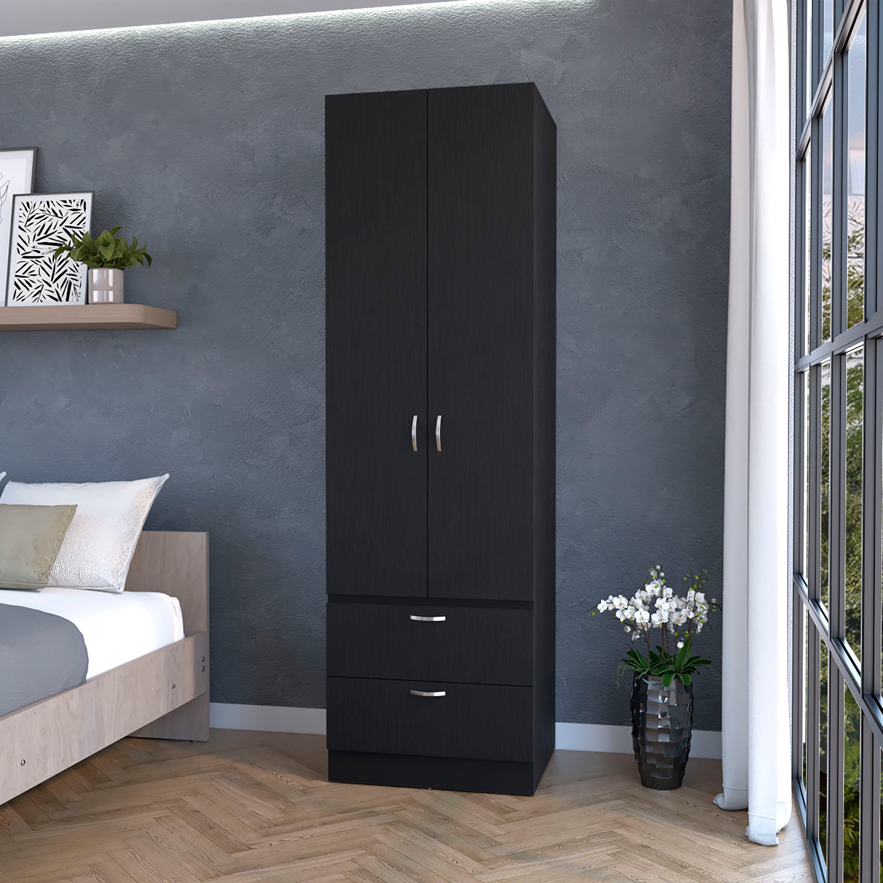 Black 2-Door 2-Drawer Wardrobe