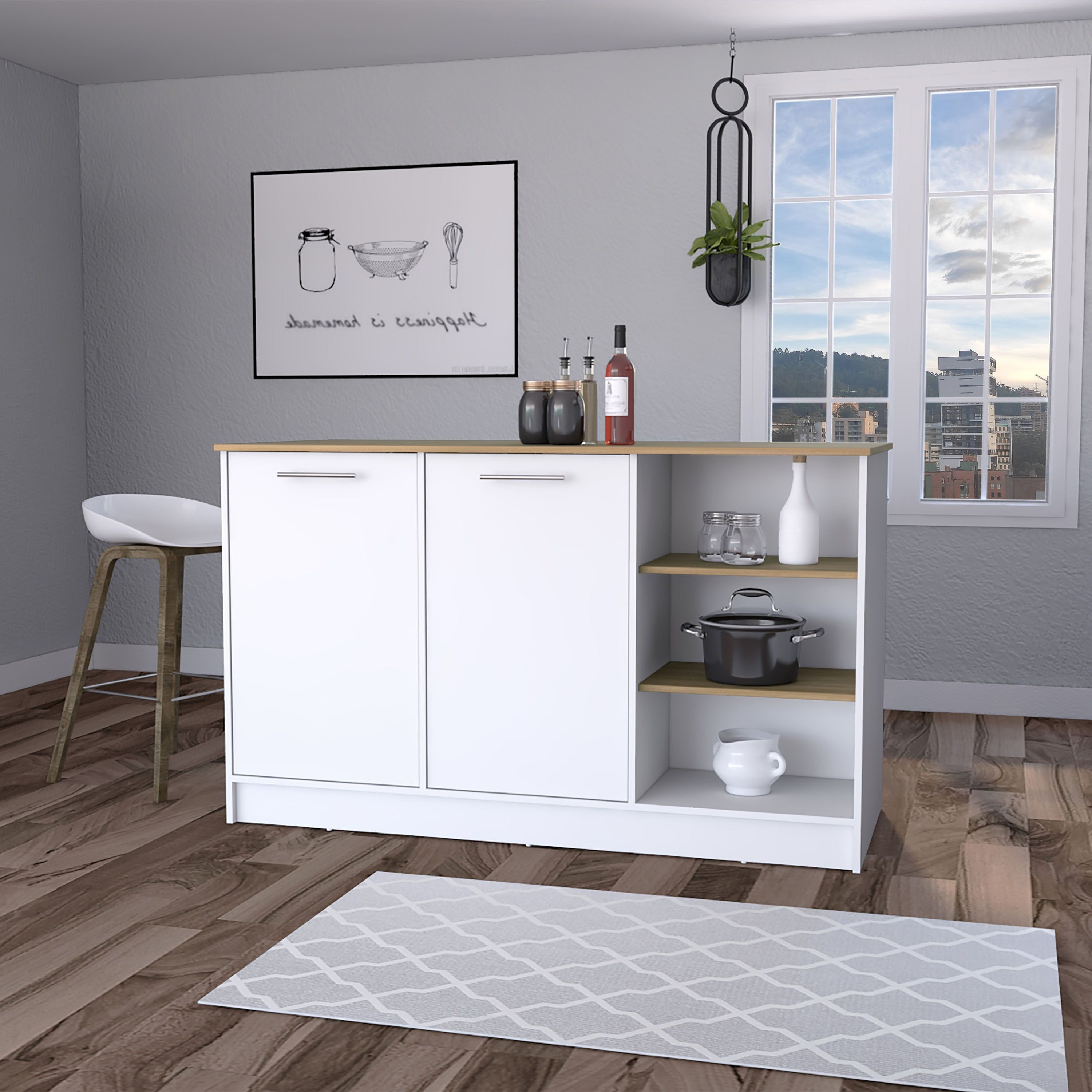 White And Ash 2-Door Kitchen Island With 3 Open Shelves