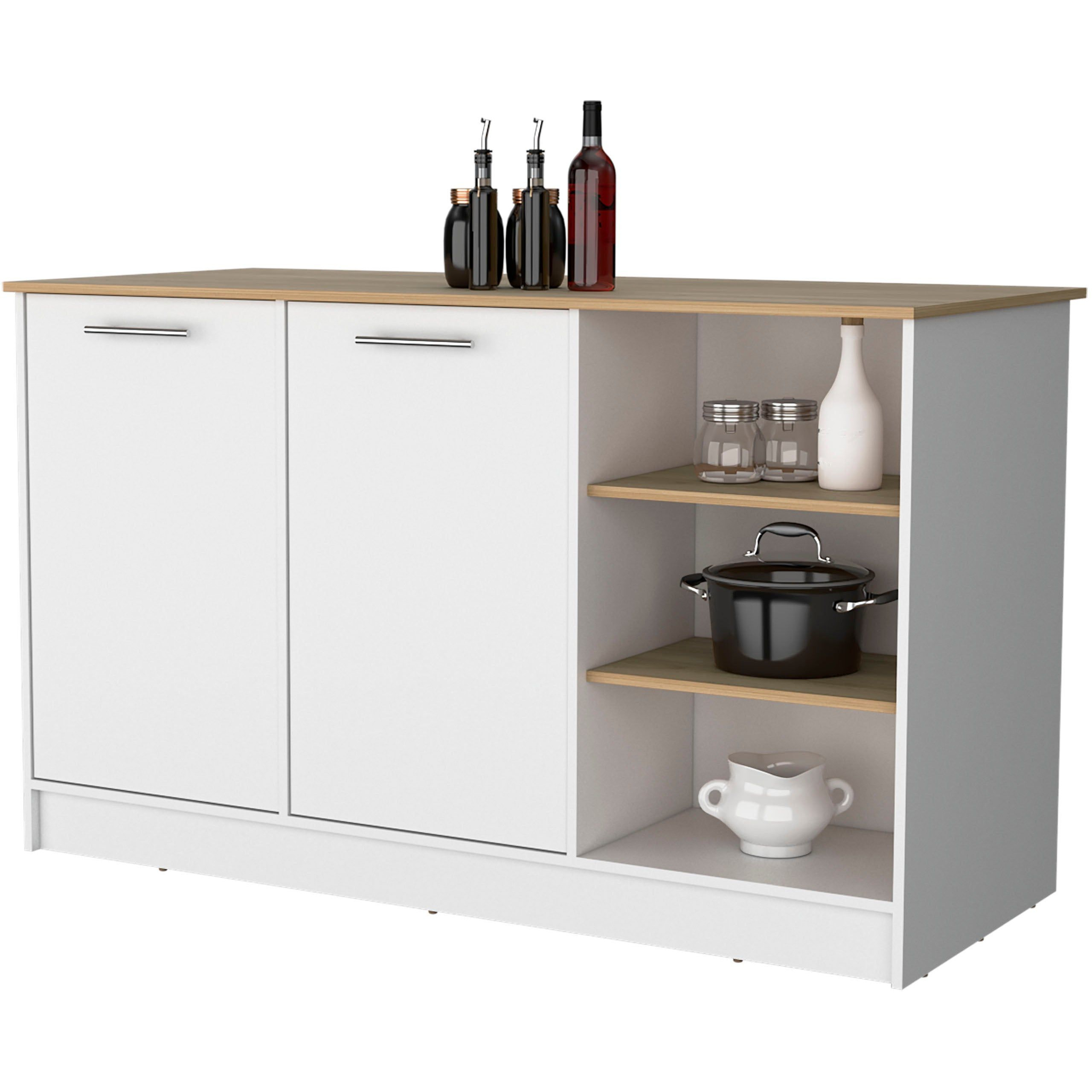 White And Ash 2-Door Kitchen Island With 3 Open Shelves