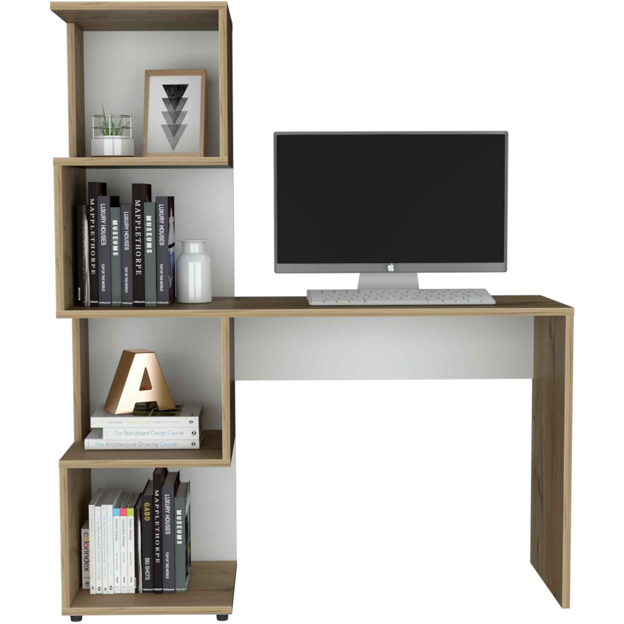 Light Oak And White Writing Desk With Geometric Bookcase