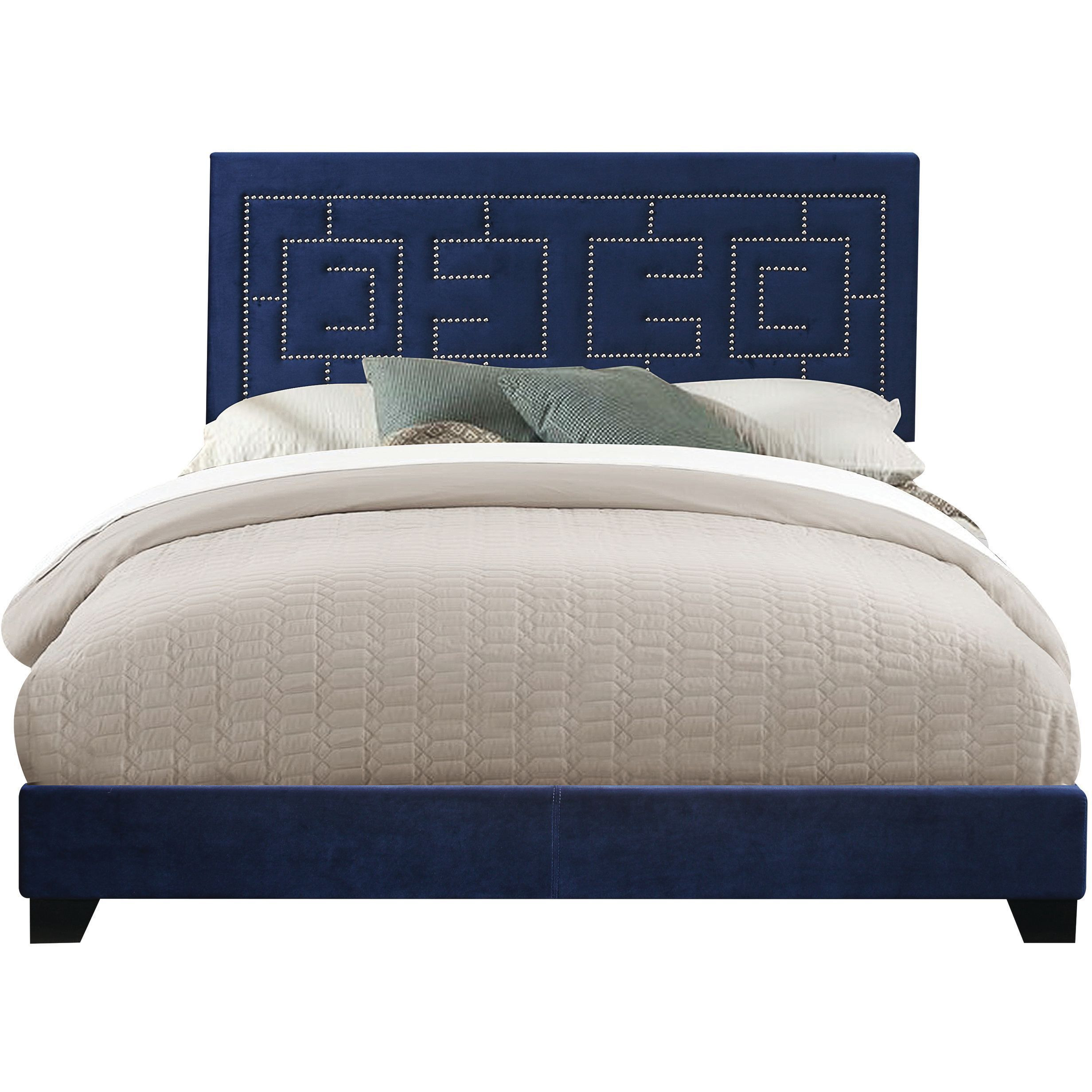 Dark Blue Eastern King Panel Bed With Nailhead Trim