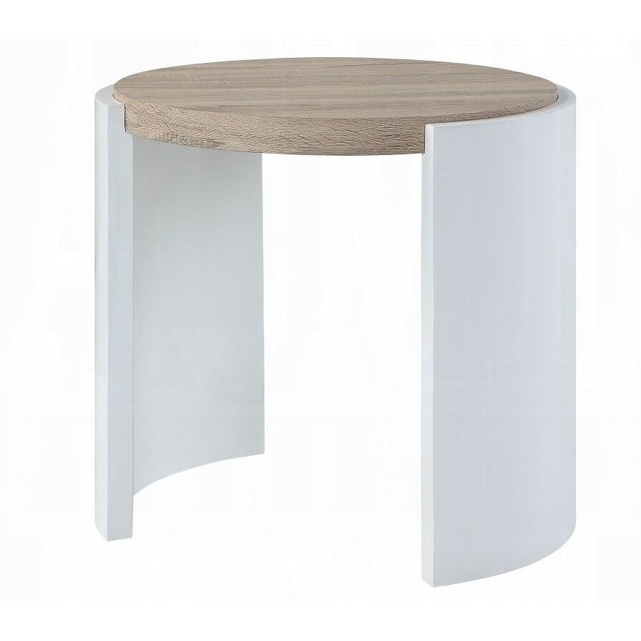 Oak And White High Gloss End Table With Sled Base