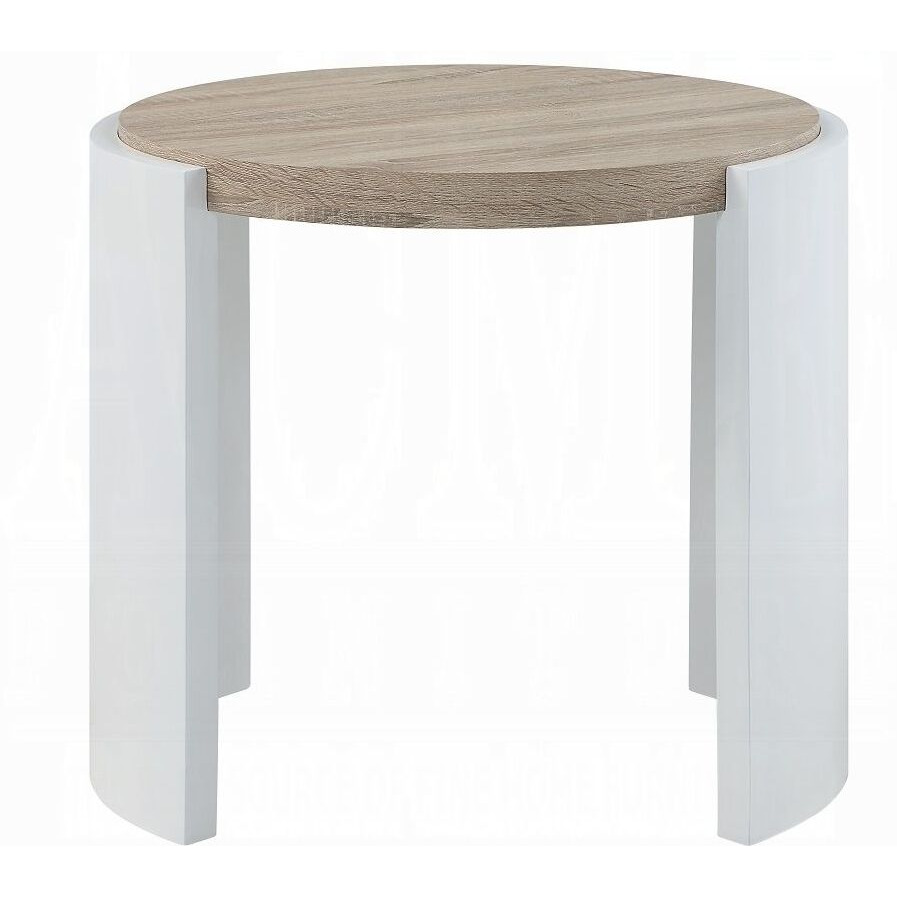 Oak And White High Gloss End Table With Sled Base