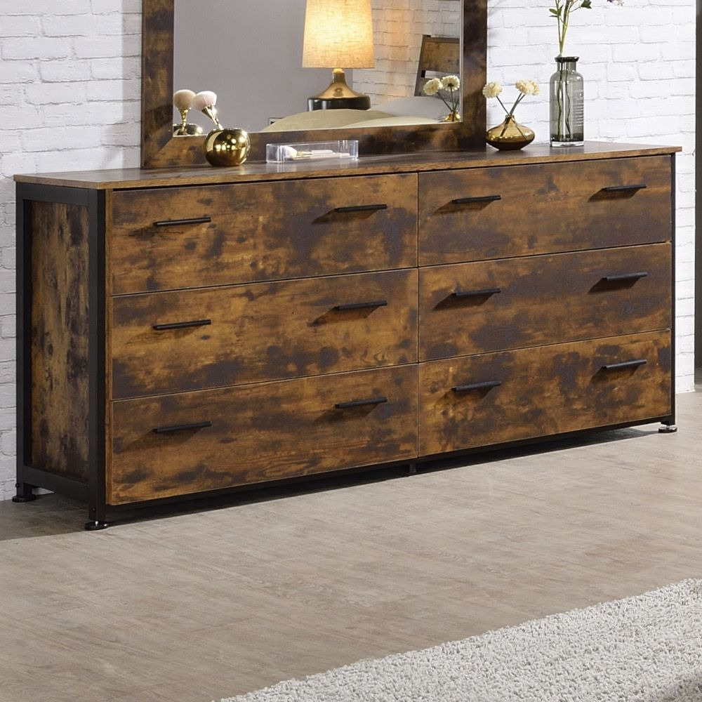 Rustic Oak And Black 6-Drawer Dresser