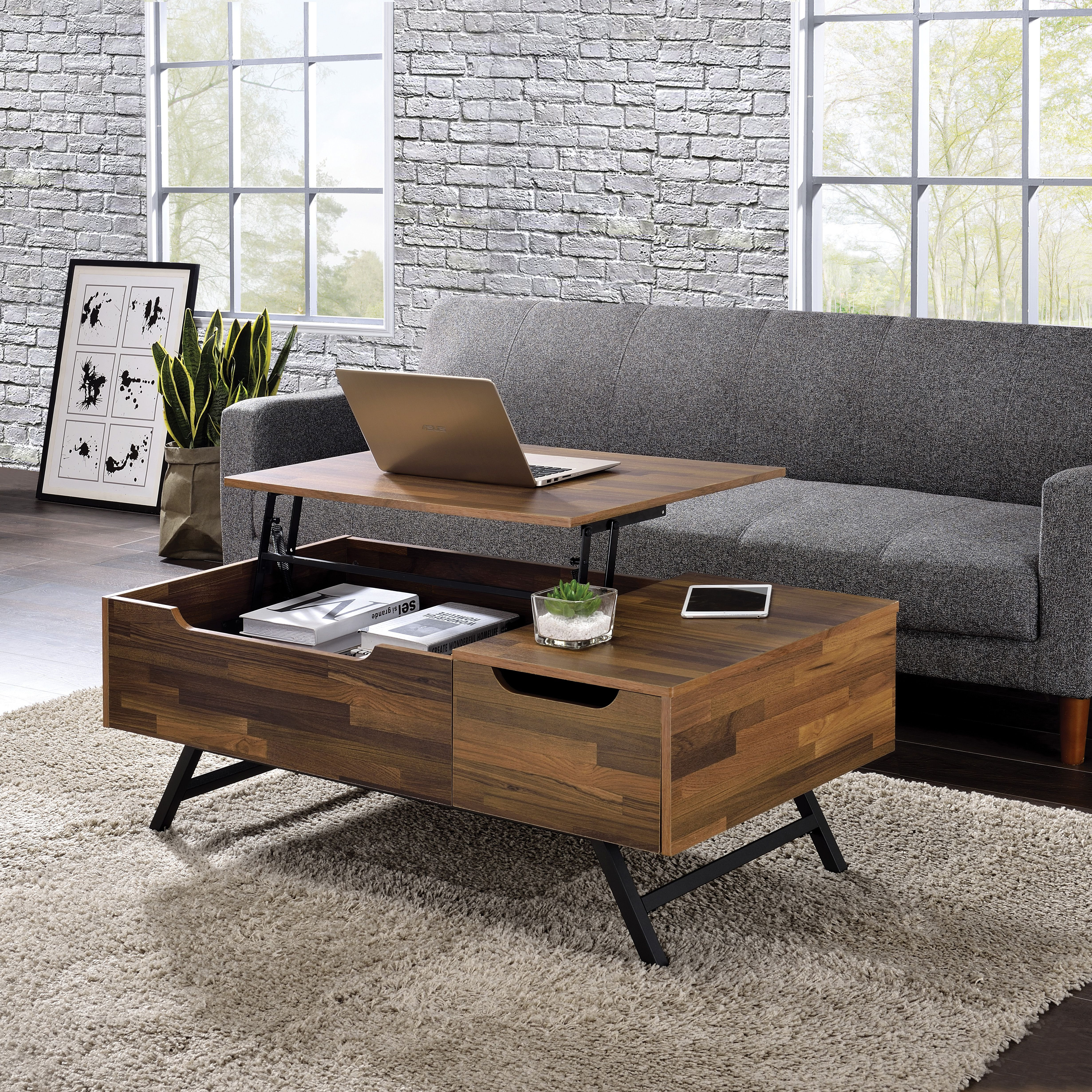 Walnut 1-Drawer Coffee Table With Lift Top