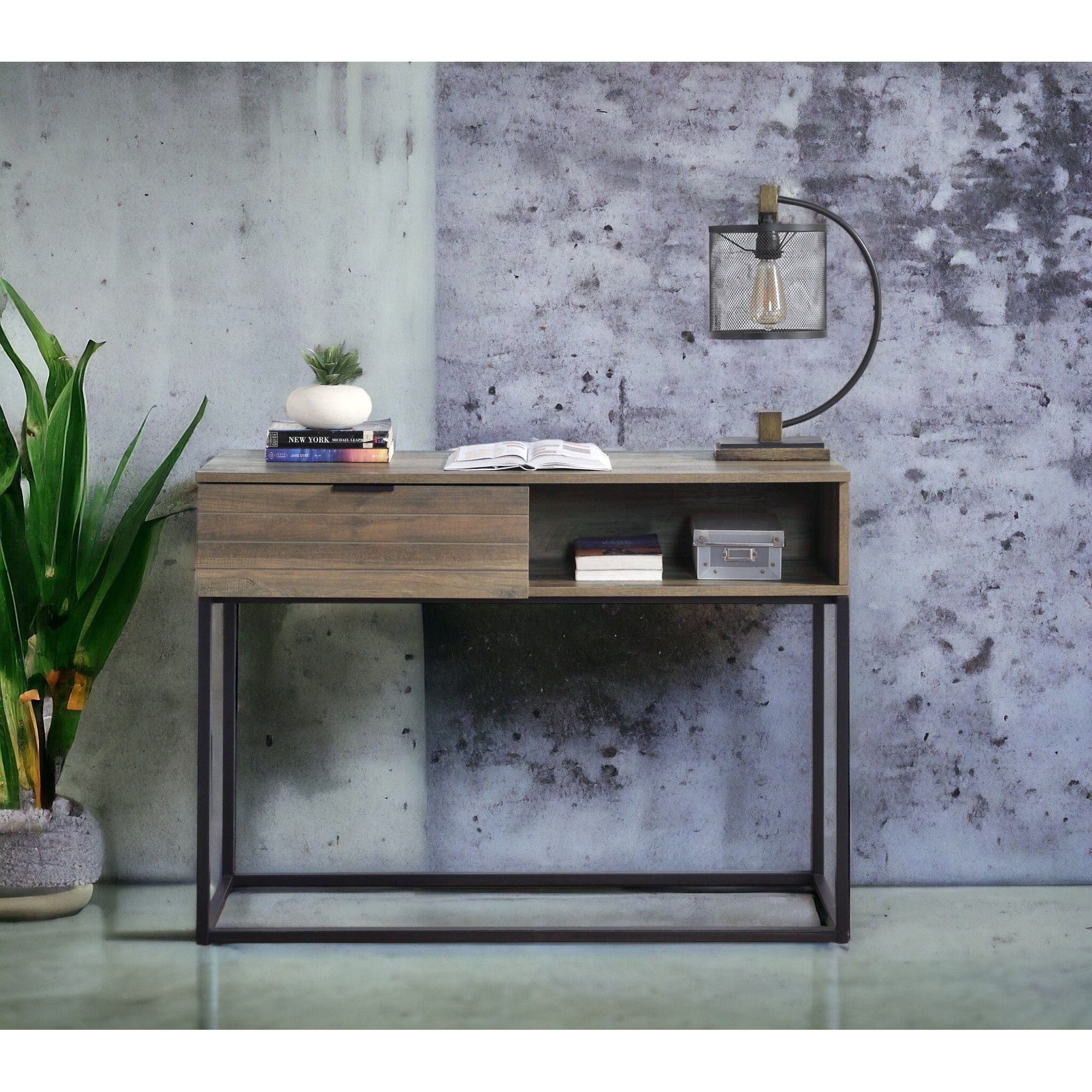 Rustic Oak And Black Writing Desk With Drawer And Shelf