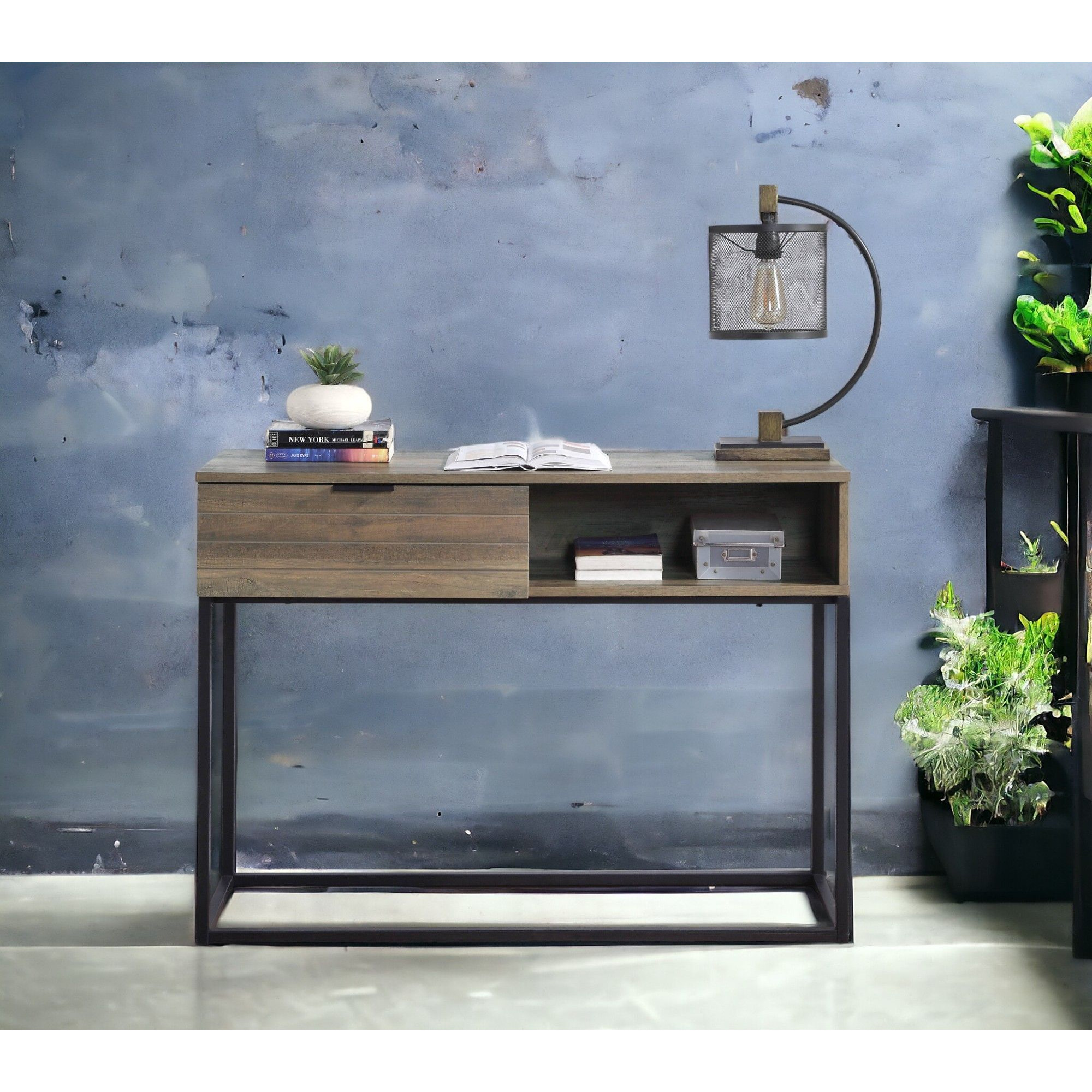 Rustic Oak And Black Writing Desk With Drawer And Shelf