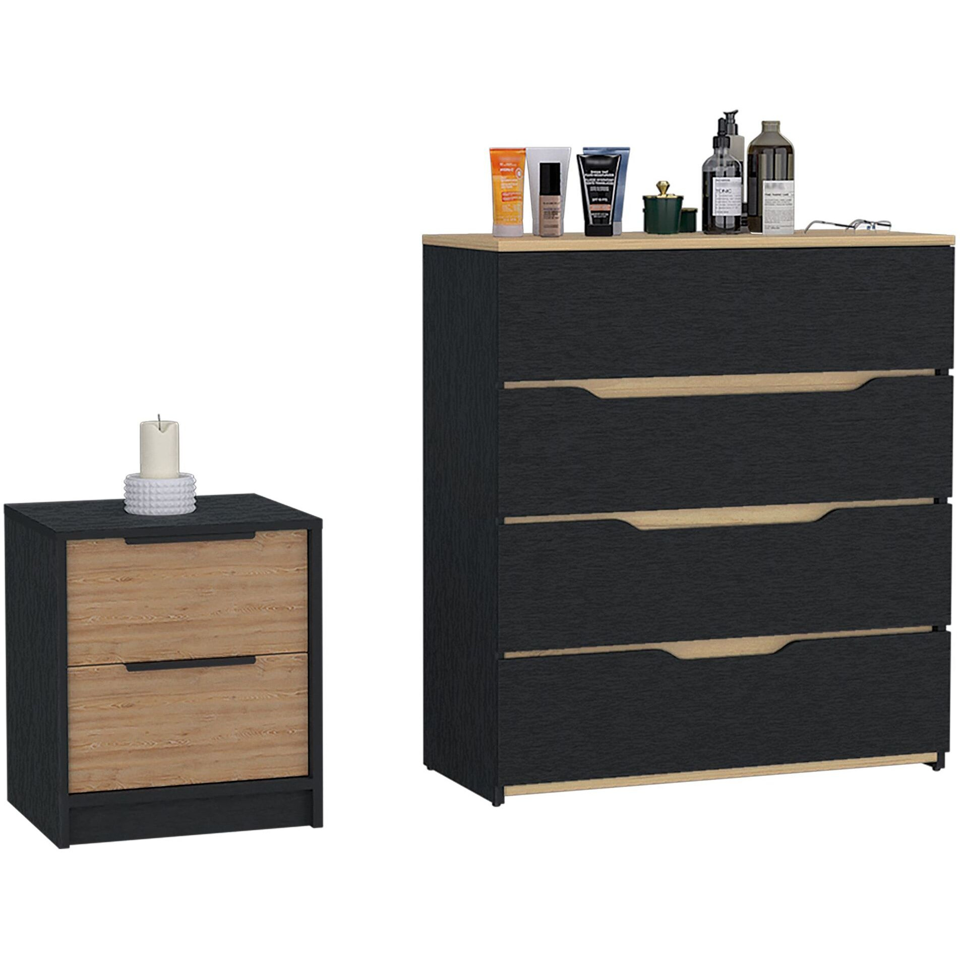 Medella 2-Piece Bedroom Set  Nightstand And Dresser  Black  Pine And Light Oak