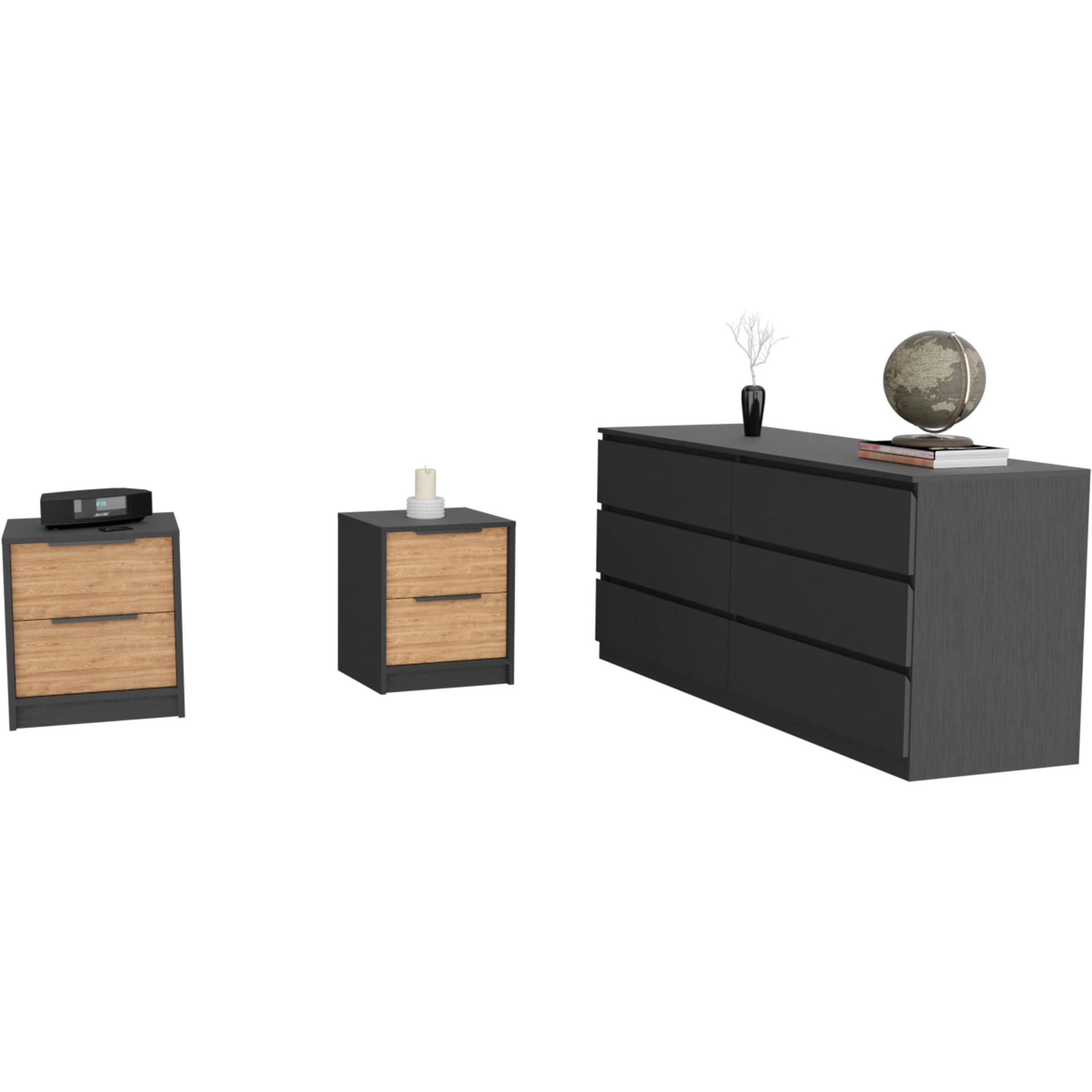 Rock Creek 3-Piece Bedroom Set  Two Nightstands And Dresser  Black Wengue And Pine