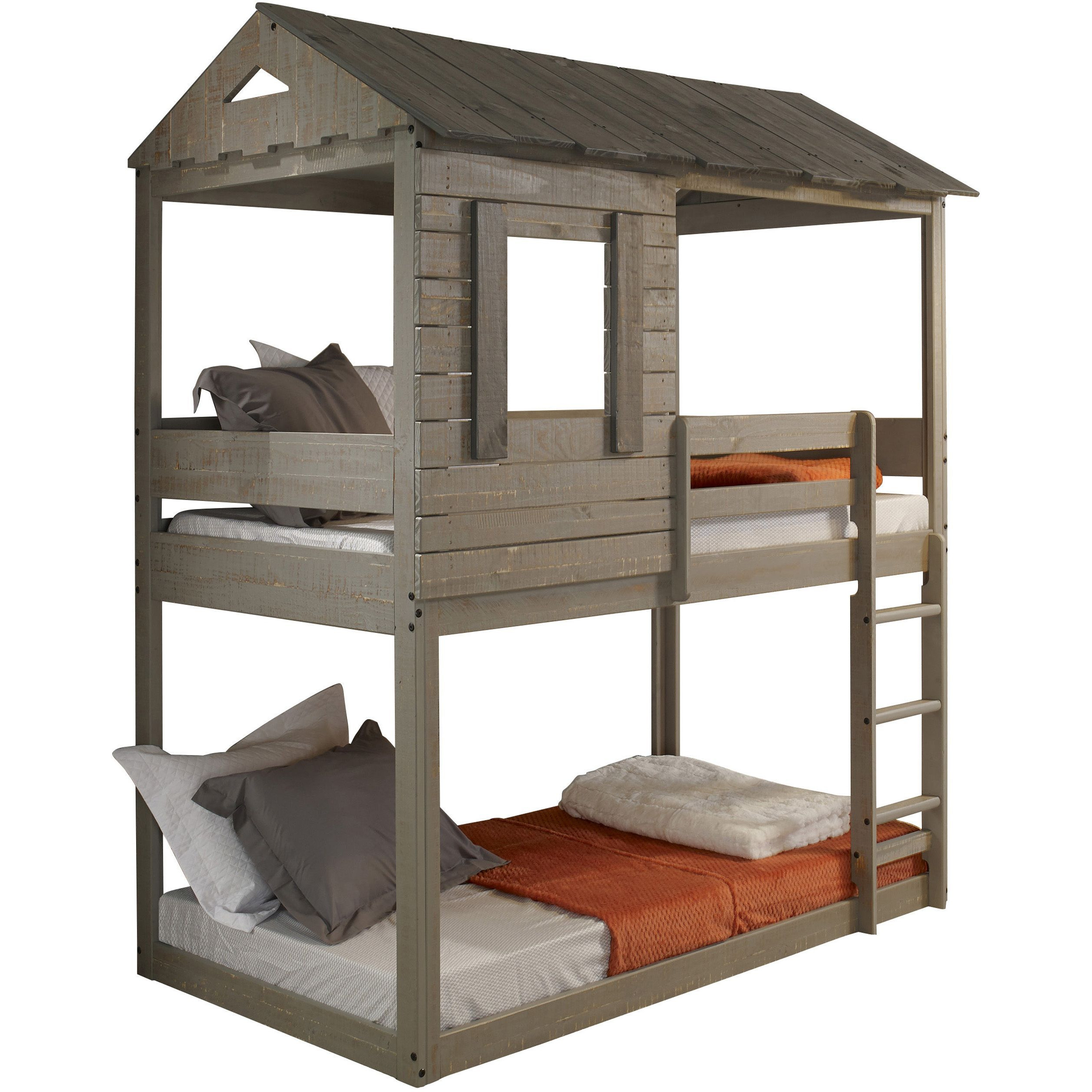 Rustic Grey Twin Over Twin Bunk Bed With Built-In Ladder