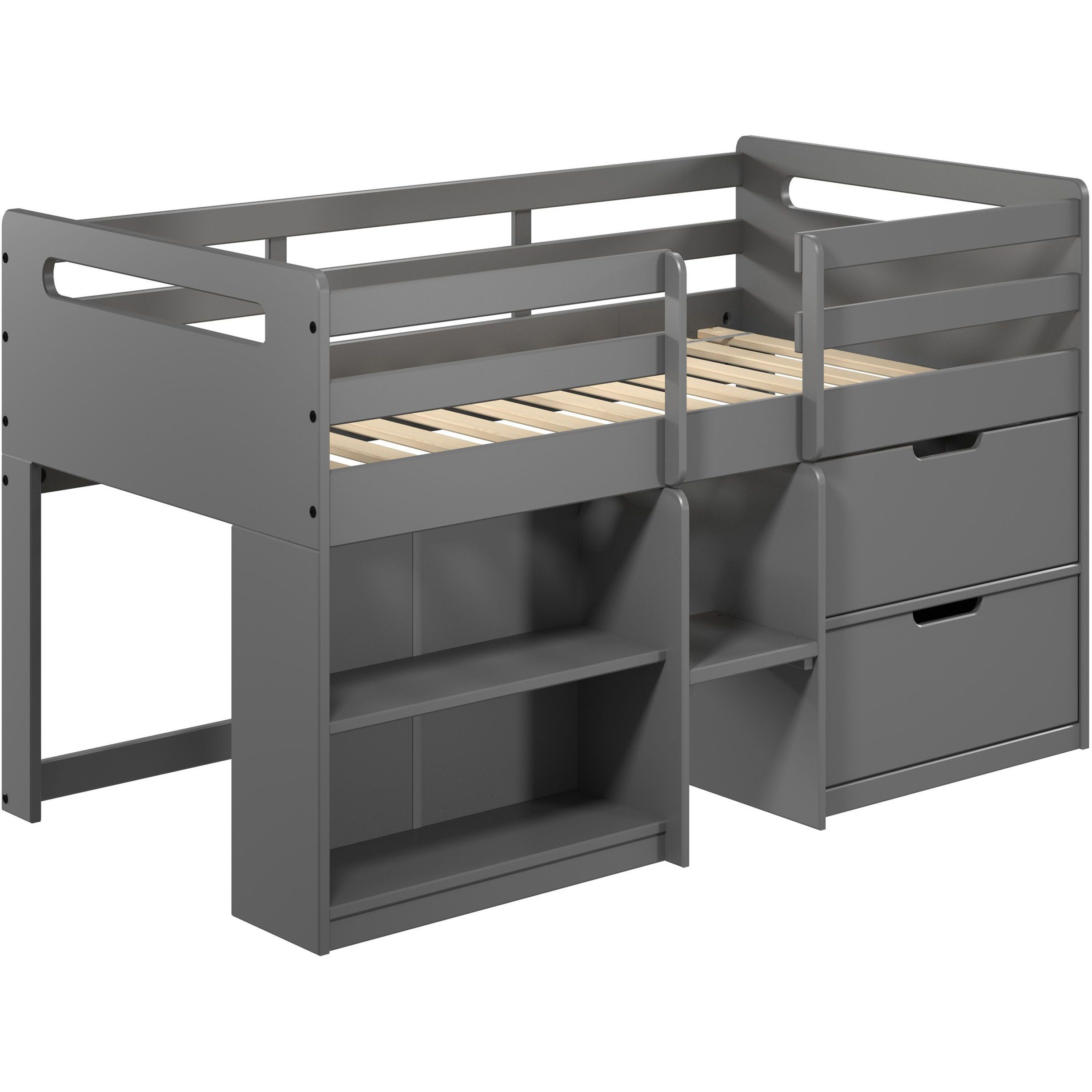 Grey Twin Loft Bed With Built-In Drawers And Bookshelf