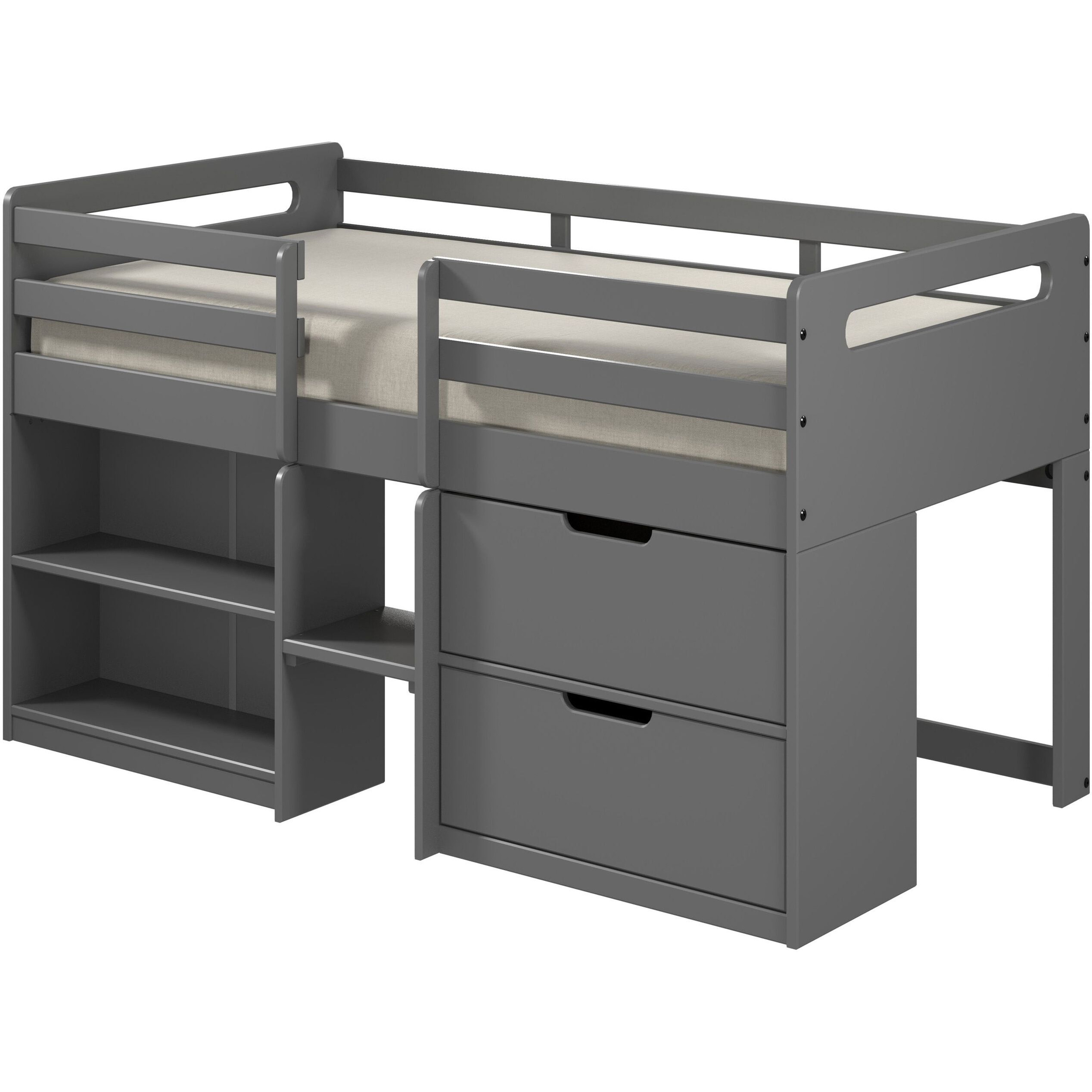 Grey Twin Loft Bed With Built-In Drawers And Bookshelf