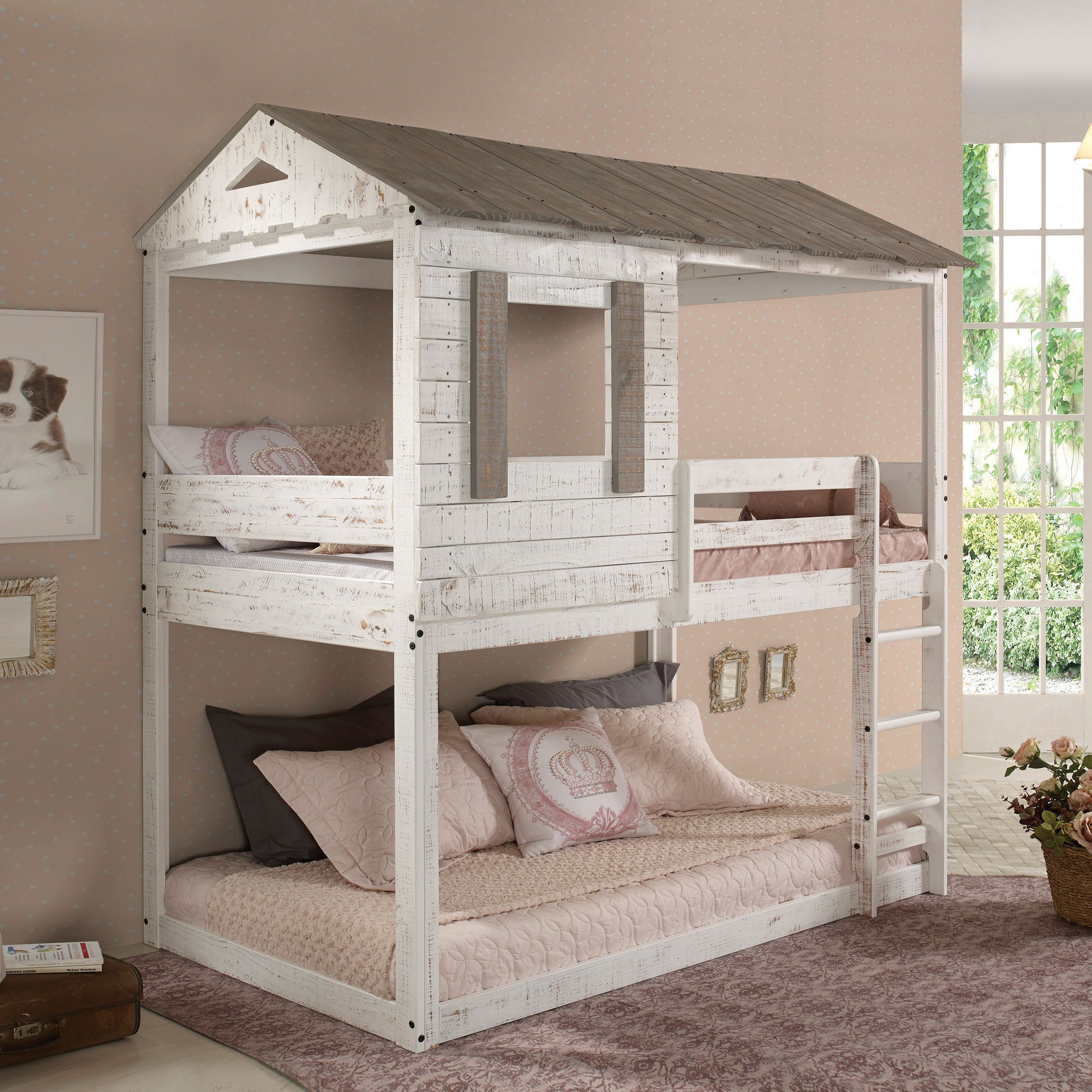 Rustic White Twin Over Twin Bunk Bed With Built-In Ladder