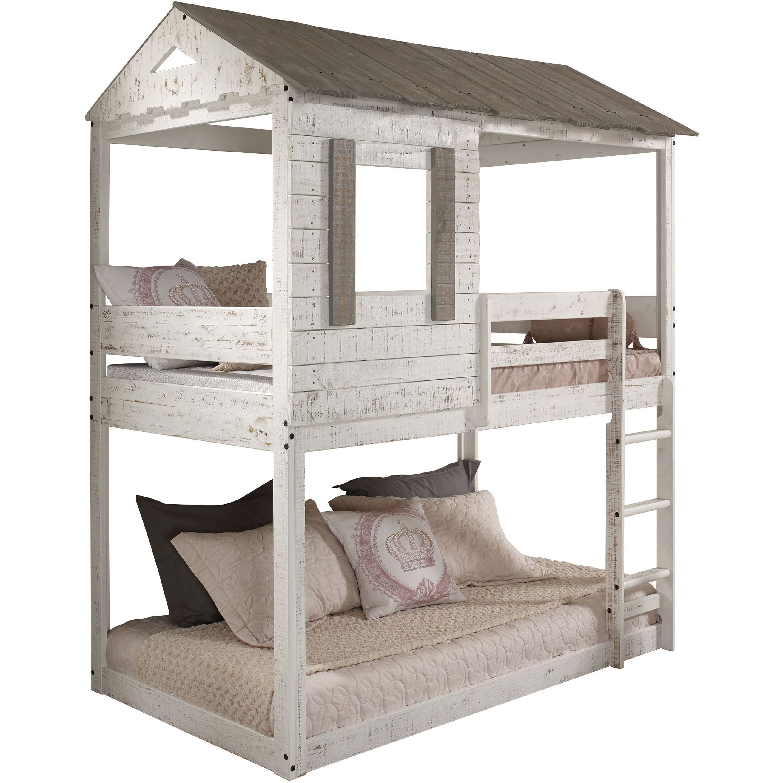 Rustic White Twin Over Twin Bunk Bed With Built-In Ladder