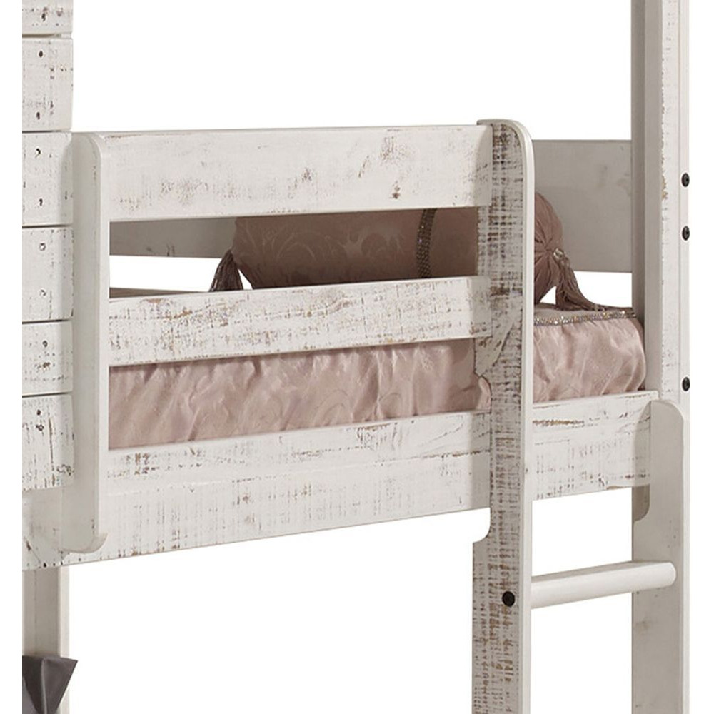 Rustic White Twin Over Twin Bunk Bed With Built-In Ladder