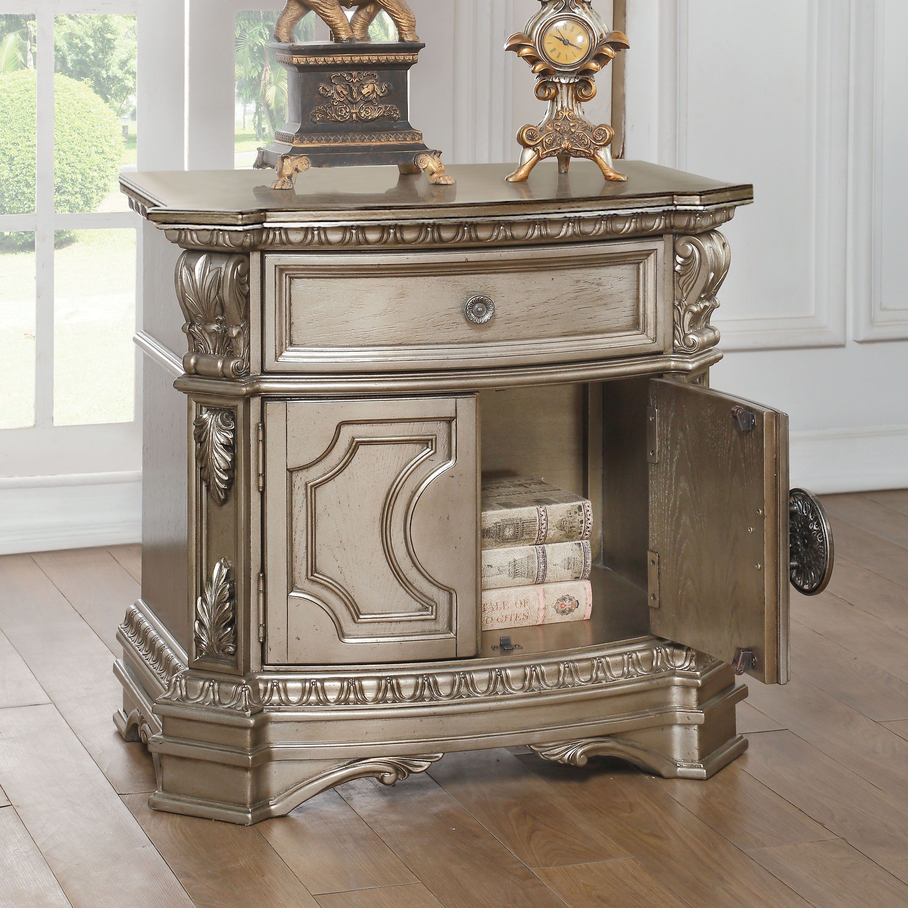 Antique Silver Nightstand With 1 Cabinet