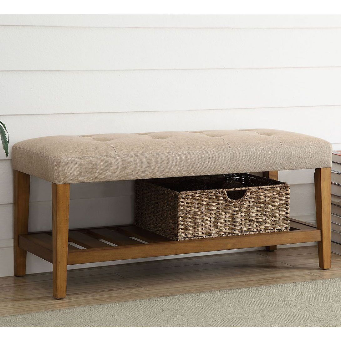 Beige And Oak Tufted Padded Seat Bench