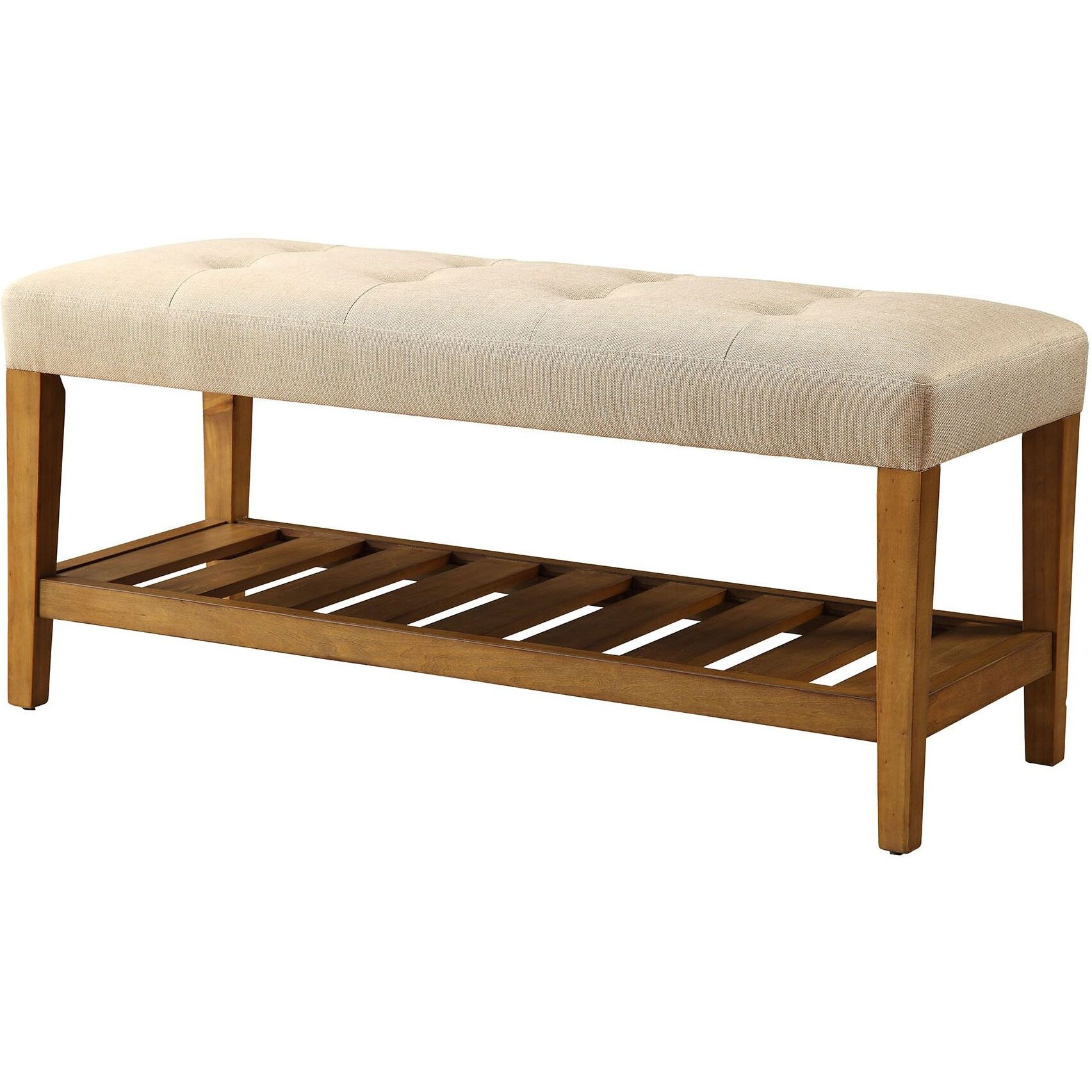 Beige And Oak Tufted Padded Seat Bench