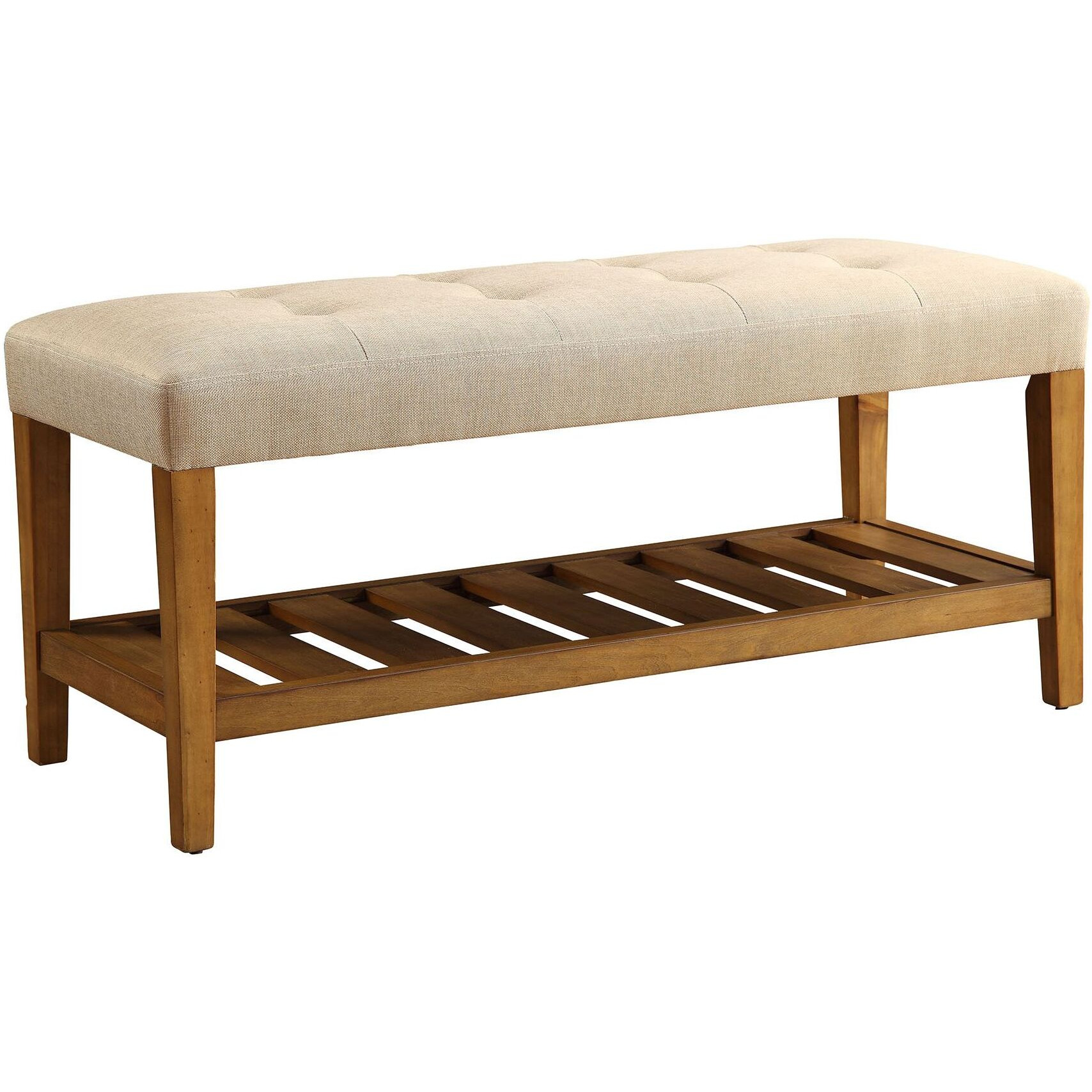 Beige And Oak Tufted Padded Seat Bench