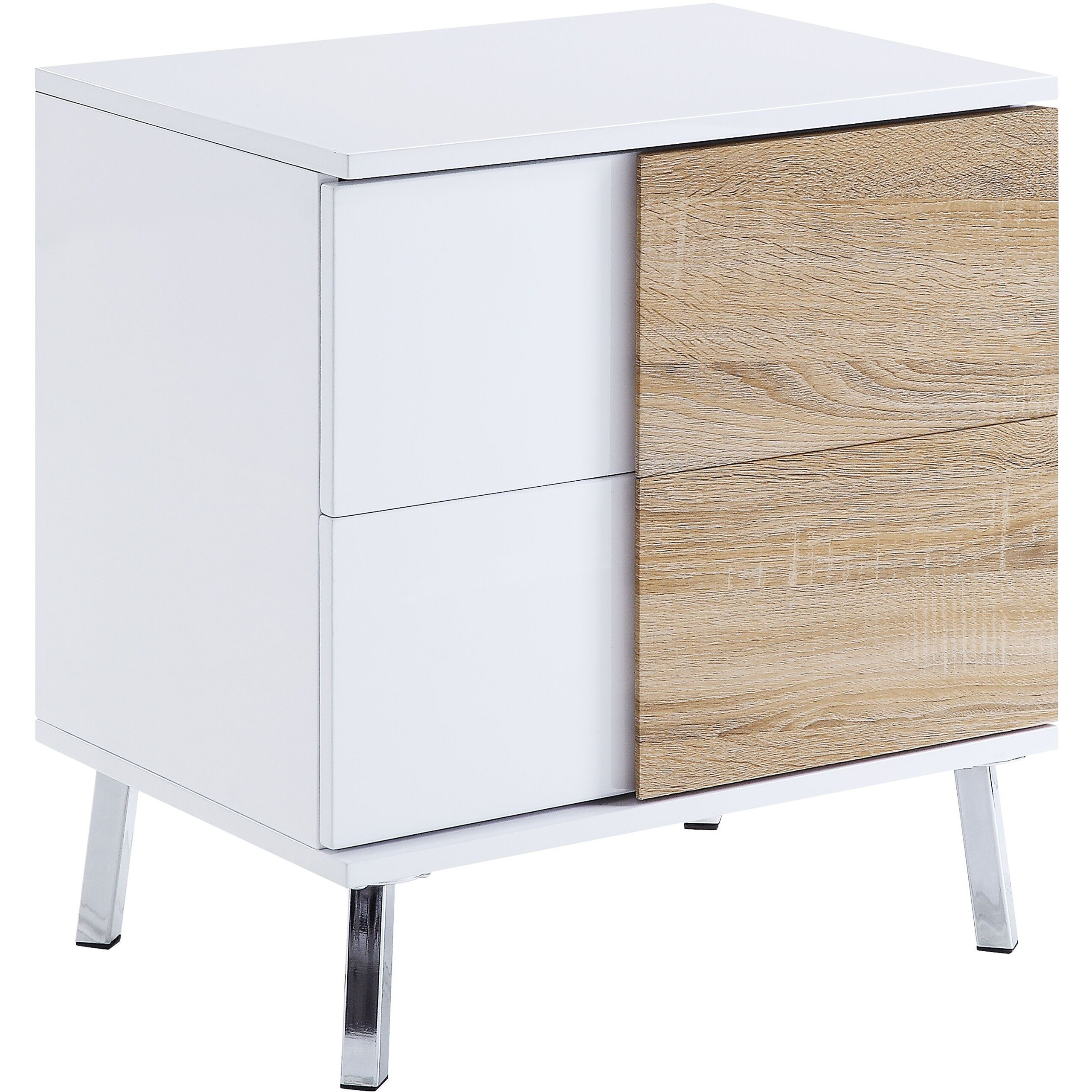 White High Gloss And Natural End Table With 2 Drawers