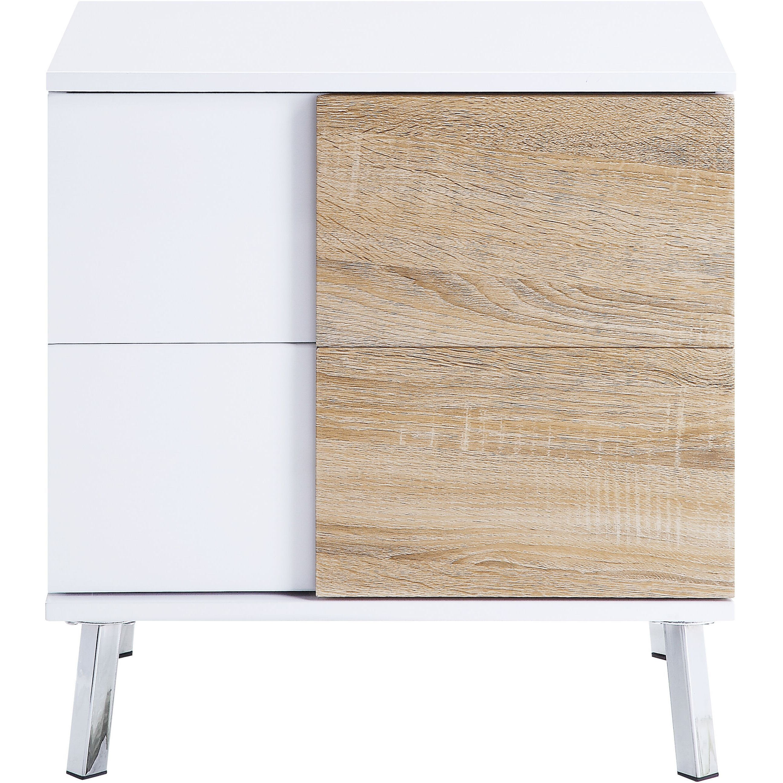 White High Gloss And Natural End Table With 2 Drawers