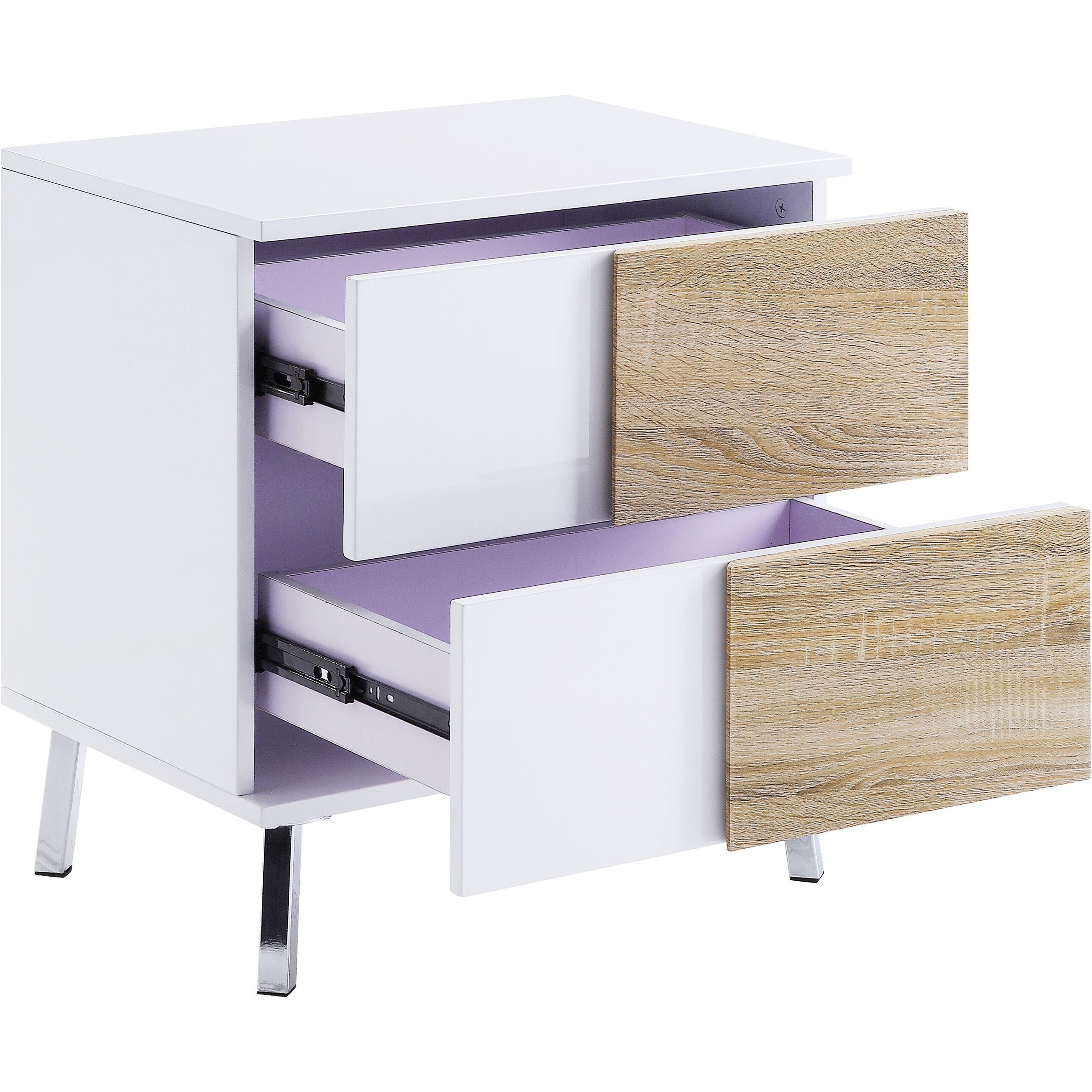 White High Gloss And Natural End Table With 2 Drawers