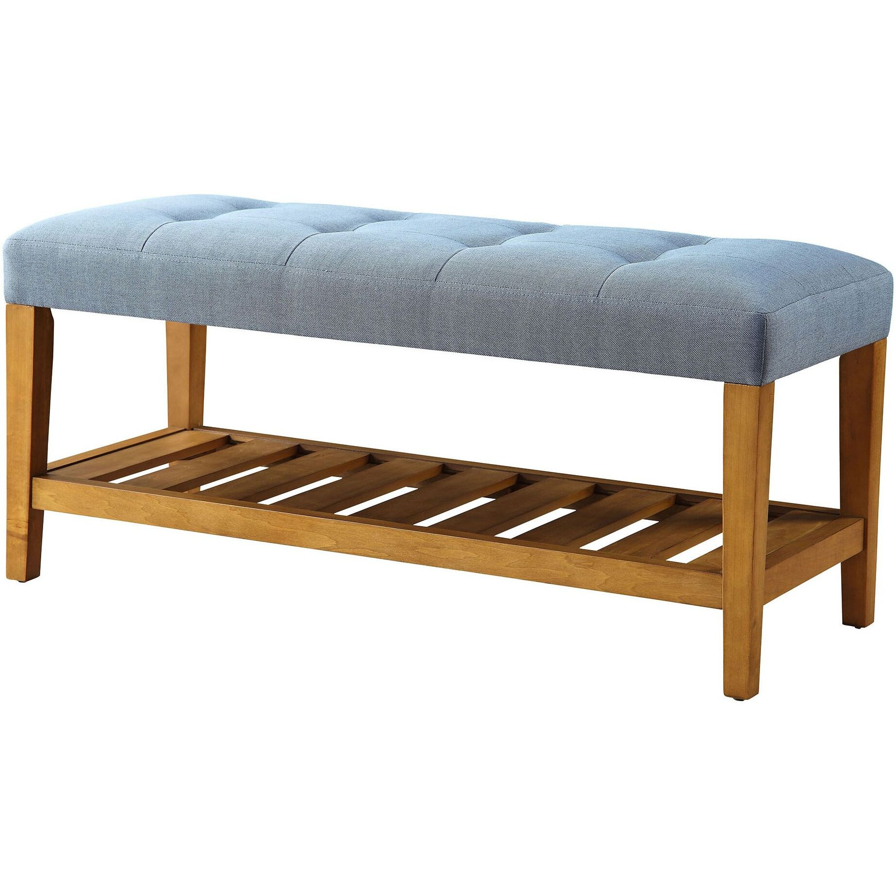 Light Blue And Oak Tufted Padded Seat Bench