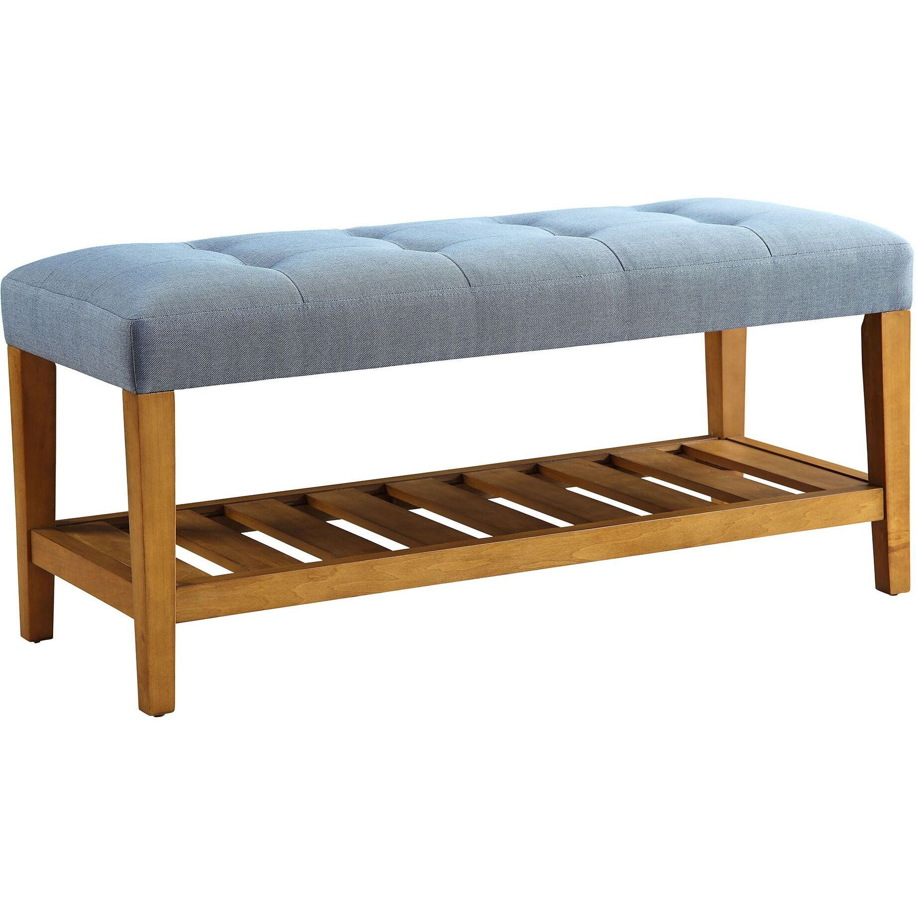 Light Blue And Oak Tufted Padded Seat Bench