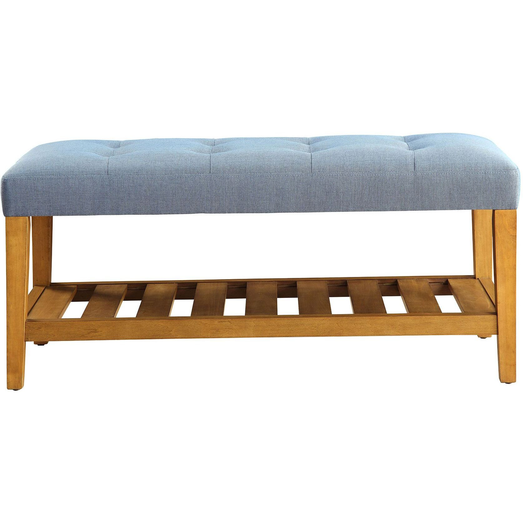 Light Blue And Oak Tufted Padded Seat Bench