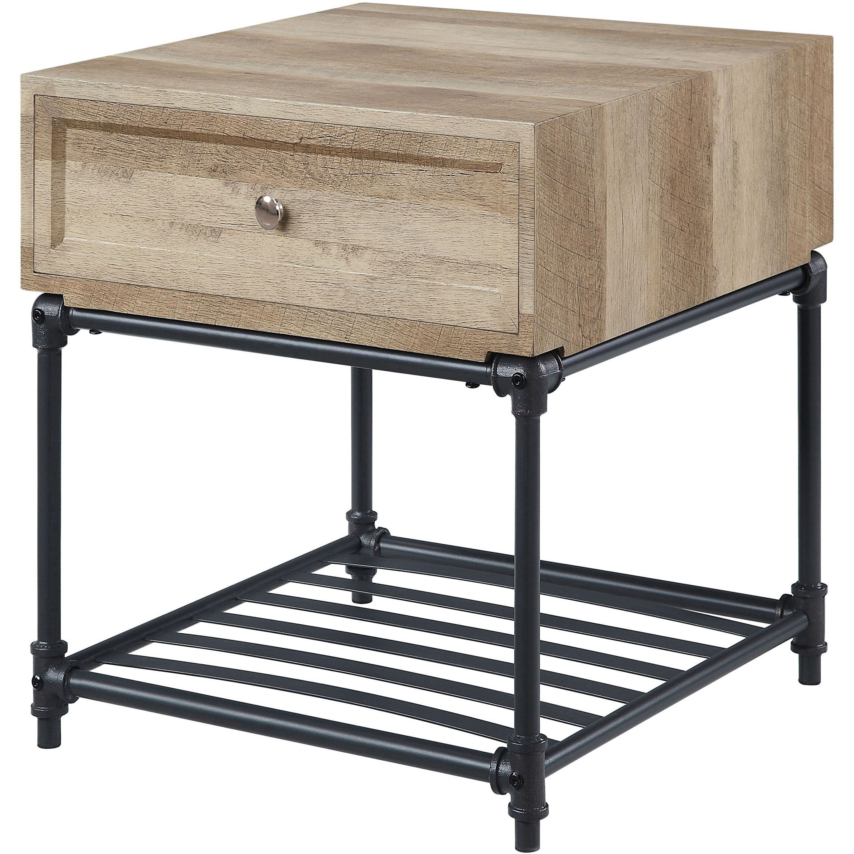 Oak And Sandy Black End Table With Slatted Lower Shelf