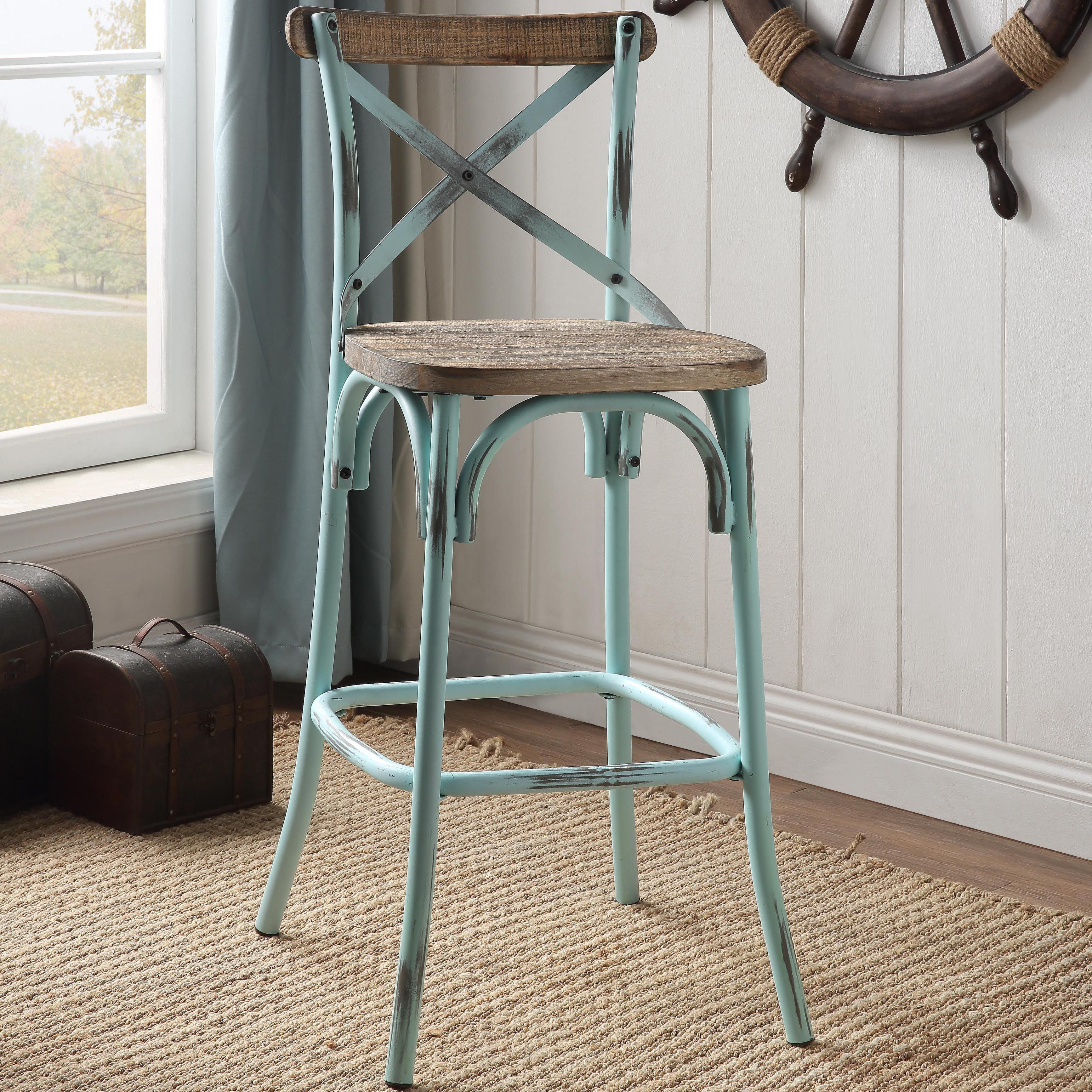 Antique Sky And Antique Oak Bar Stool With Cross Back