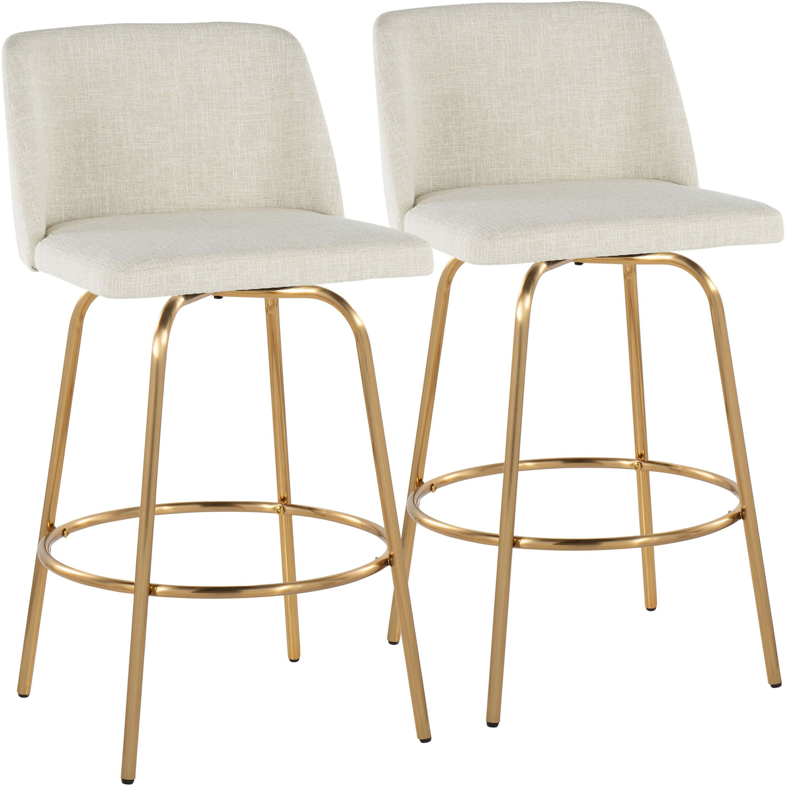 Toriano 26"" Contemporary Fixed-Height Counter Stool With Swivel In Cream Fabric And Gold Metal With Round Footrest By Lumisource - Set Of 2