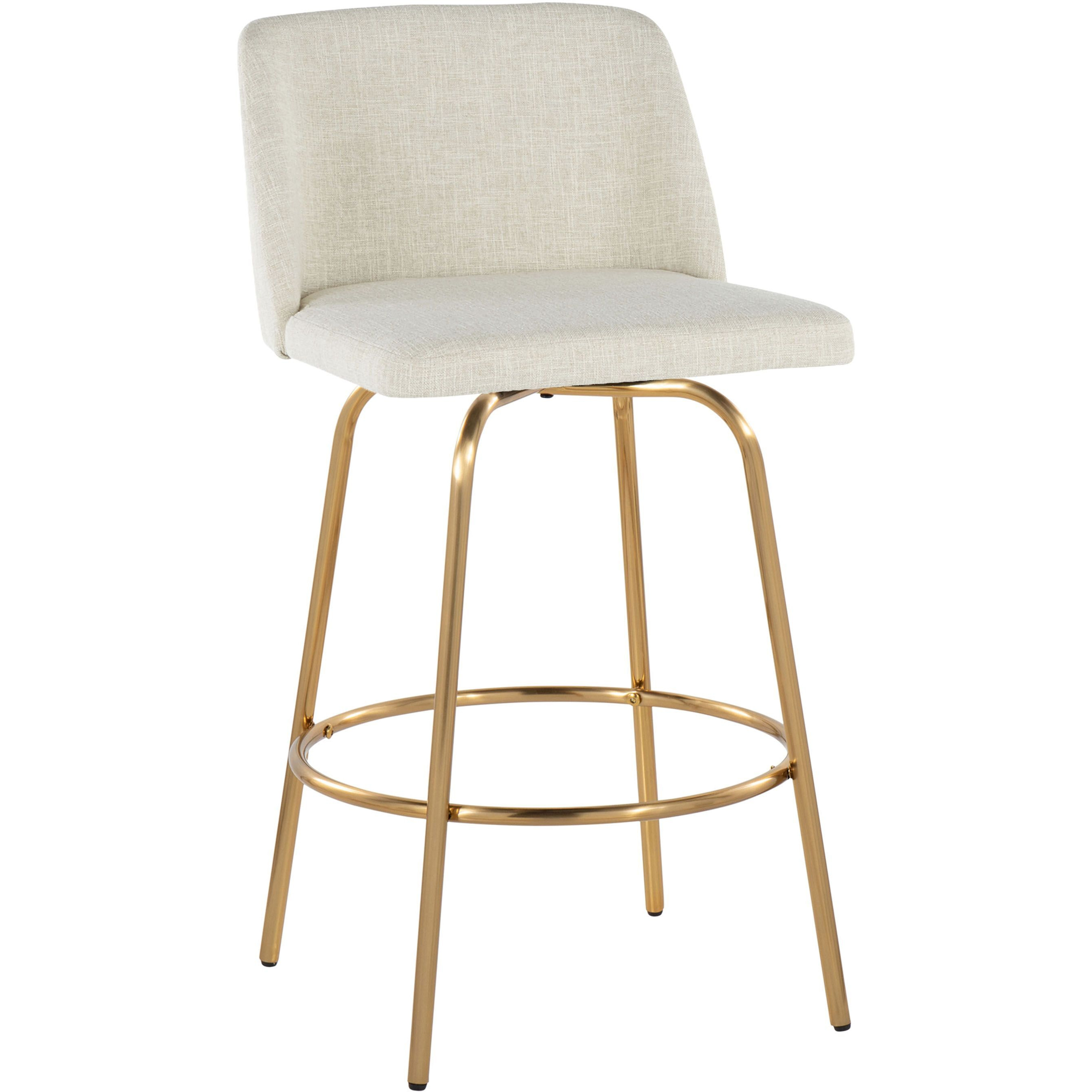 Toriano 26"" Contemporary Fixed-Height Counter Stool With Swivel In Cream Fabric And Gold Metal With Round Footrest By Lumisource - Set Of 2