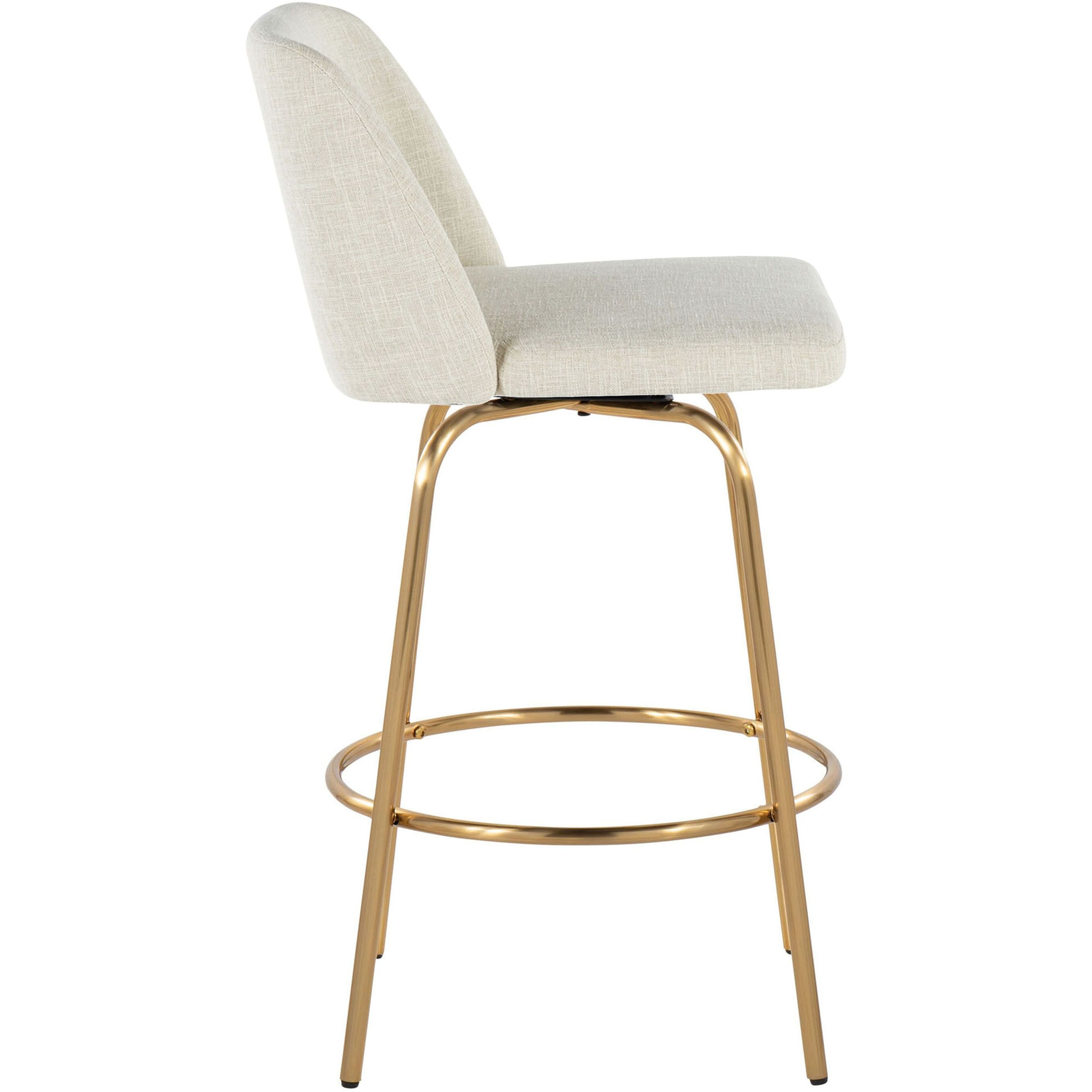 Toriano 26"" Contemporary Fixed-Height Counter Stool With Swivel In Cream Fabric And Gold Metal With Round Footrest By Lumisource - Set Of 2