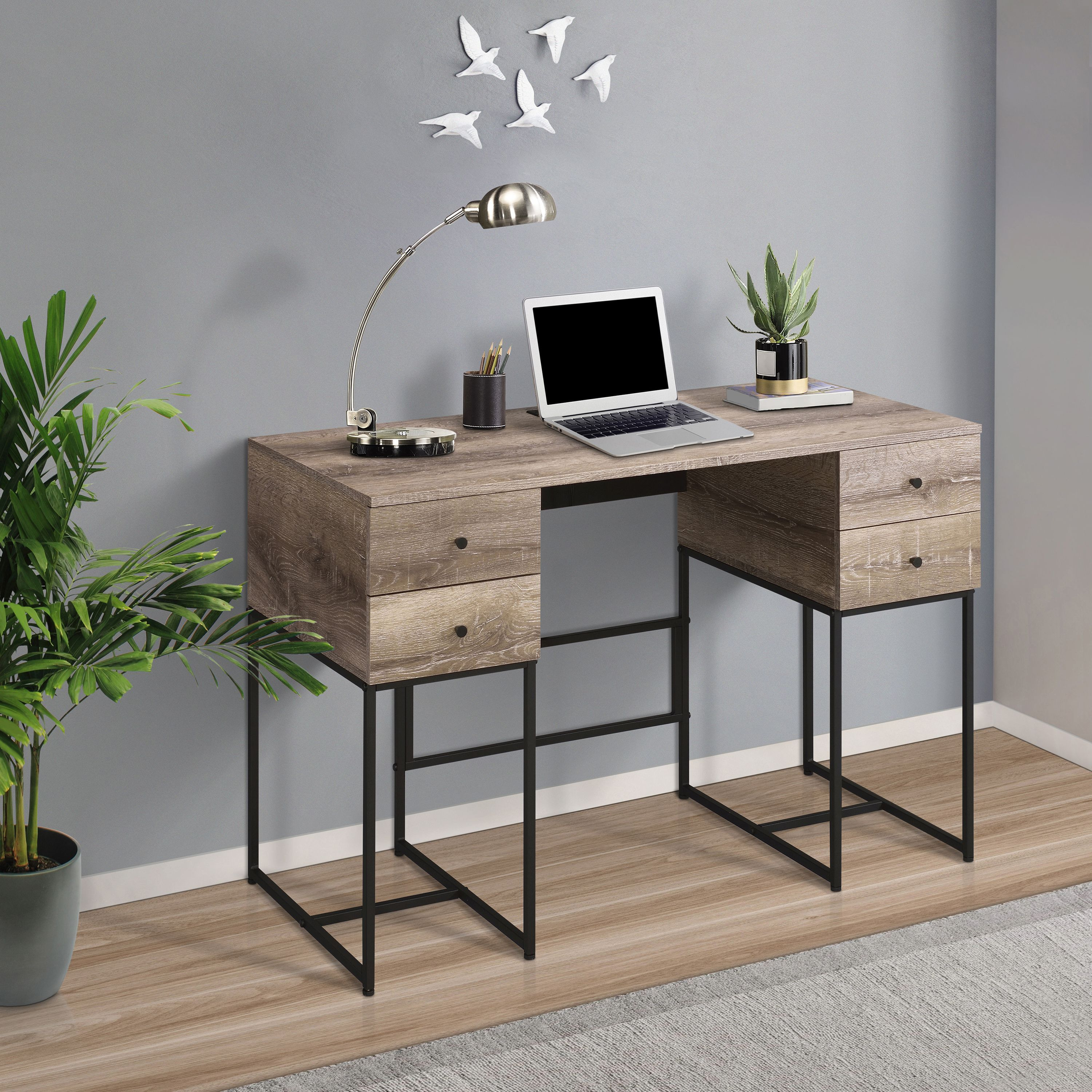 Rustic Oak And Black 4-Drawer Writing Desk